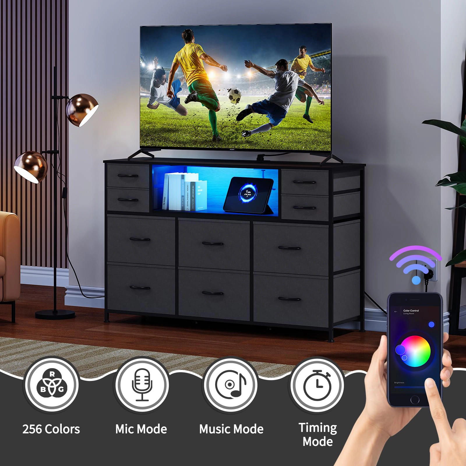 10 Drawer Fabric Dresser, TV Stand with RGB LED Lights & Power Outlet for 45"-55"
