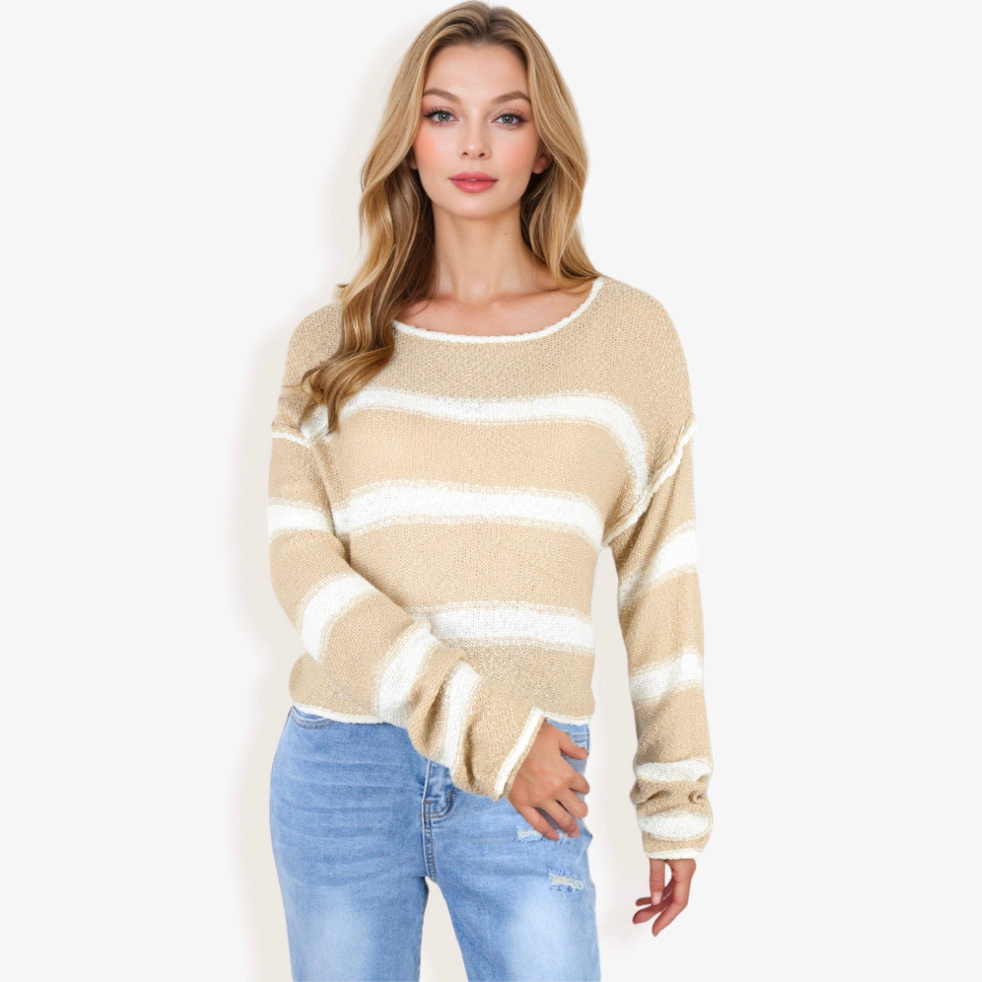 Anna-Kaci Women's Long Sleeve Striped Sweater With Crew Neck, Cropped Fit