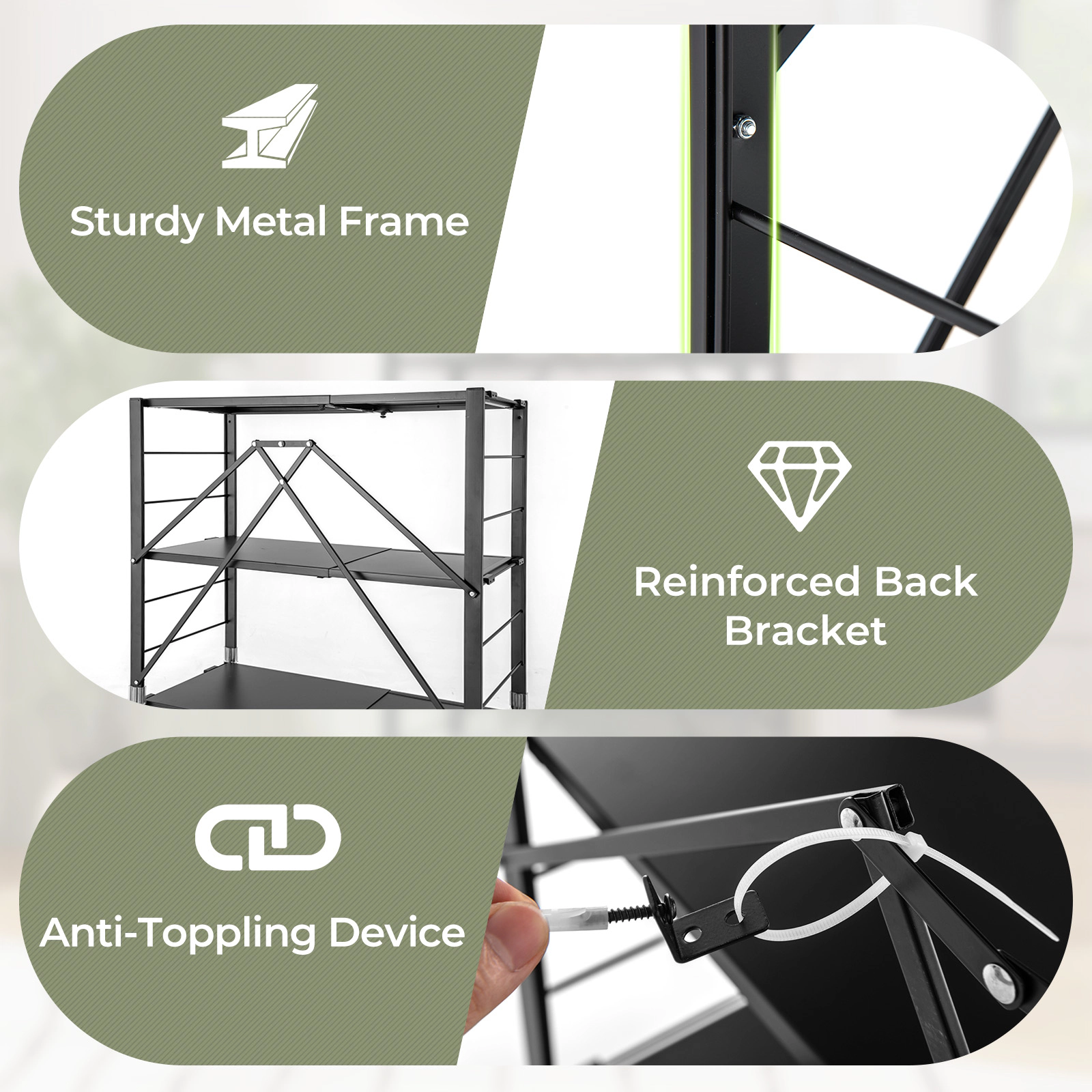 SUGIFT 5-Tier Black Foldable Storage Shelf with Wheels Expandable 19.5-in to 30-in for Garage and Kitchen