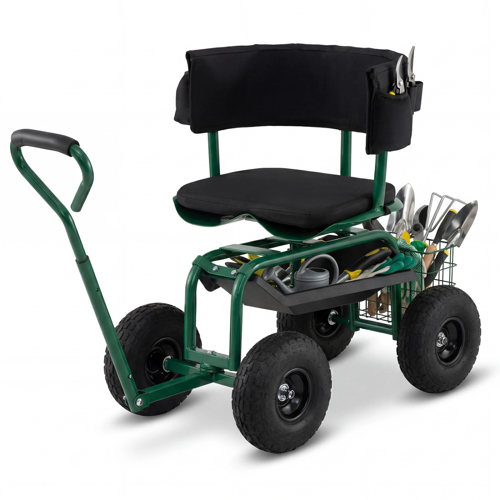 SUGIFT Red Rolling Garden Cart Scooter with Cushioned Seat and Adjustable Steering Handle 37-in W 18-in D