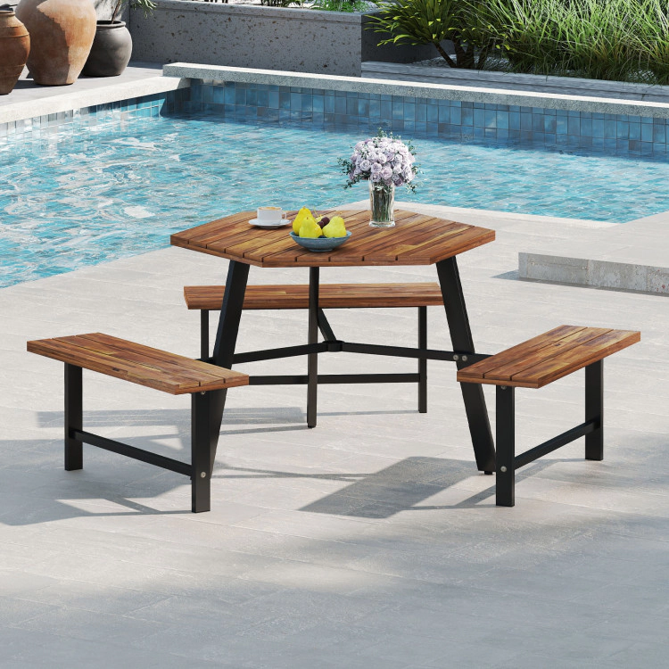 Hivvago 6 Person Acacia Wood Picnic Table Bench Set With 3 Seats