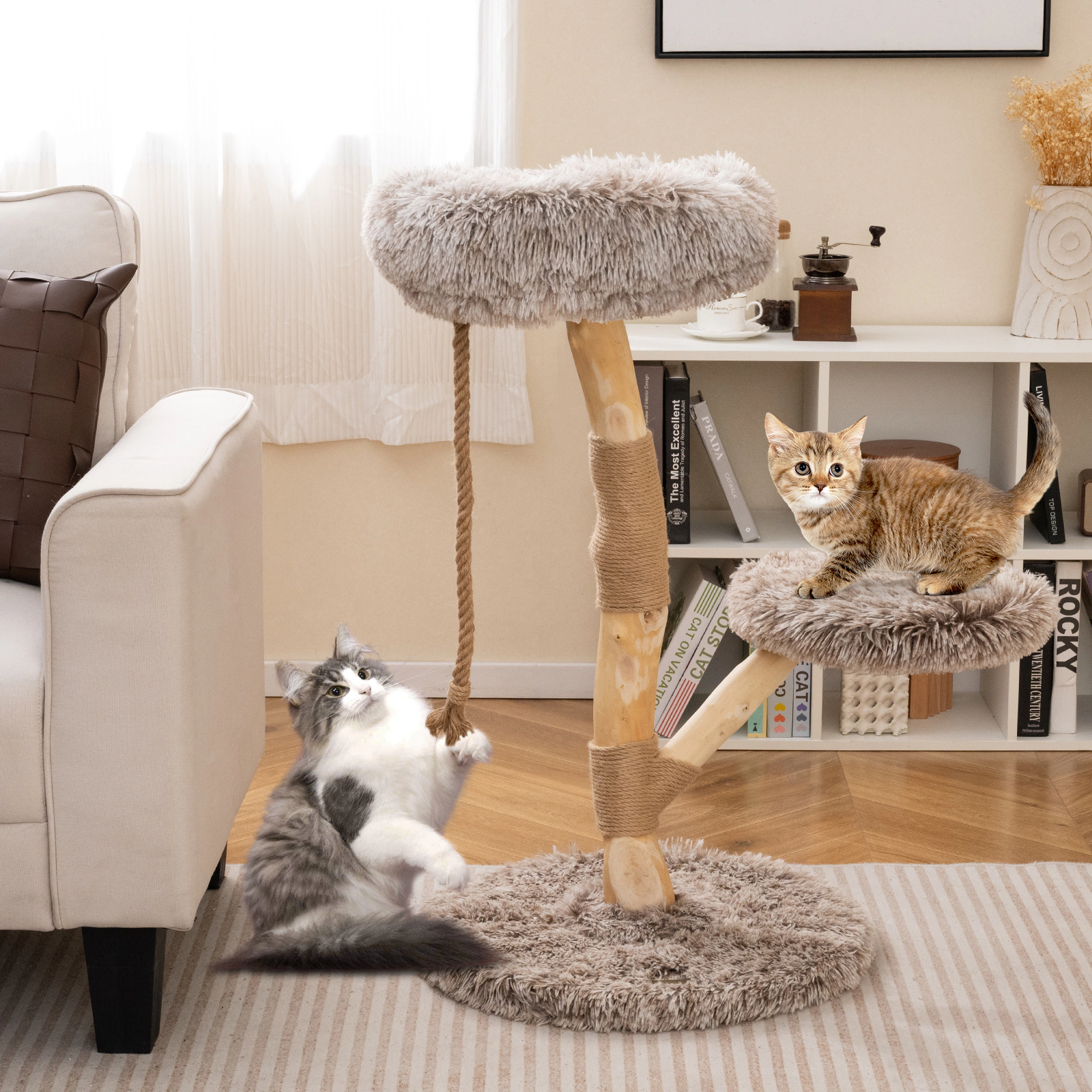 SUGIFT 35.5-in Tall 3-Tier Cat Tree Tower with 19.5-in Round Base Jute Rope Columns and Removable Cushions