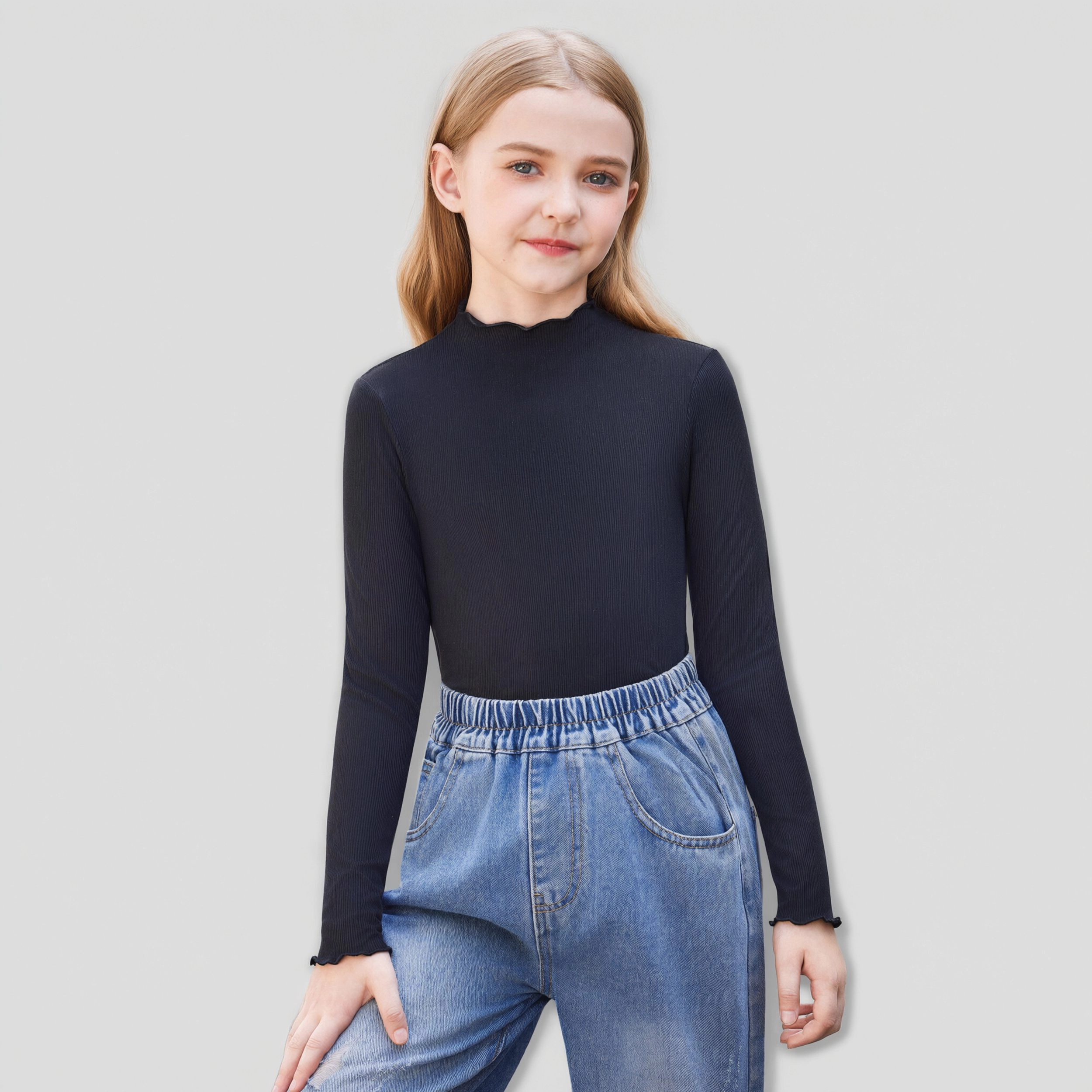 Arshiner Girls Lettuce Trim Mock Neck Long Sleeve Tops Ribbed Knit Slim Fit Base Layer T-Shirt