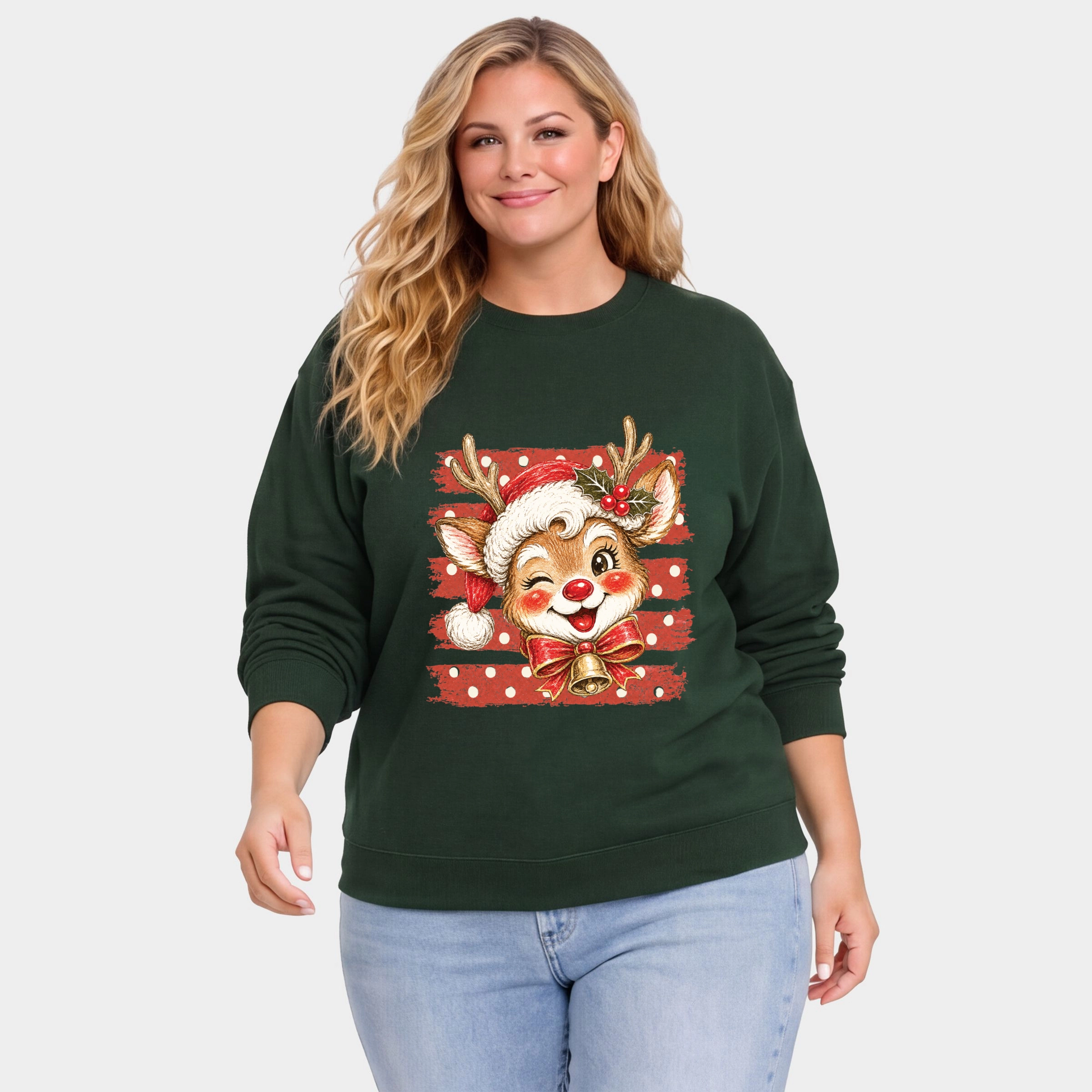 Simply Sage Market - Women's Plus Sweatshirt Reindeer Stripes and Polka Dots