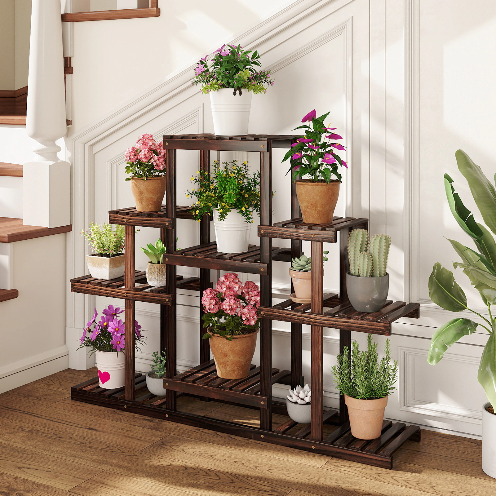 Slickblue 6-Tier Wooden Plant Stand with 9 Shelves for Indoor Outdoor Use