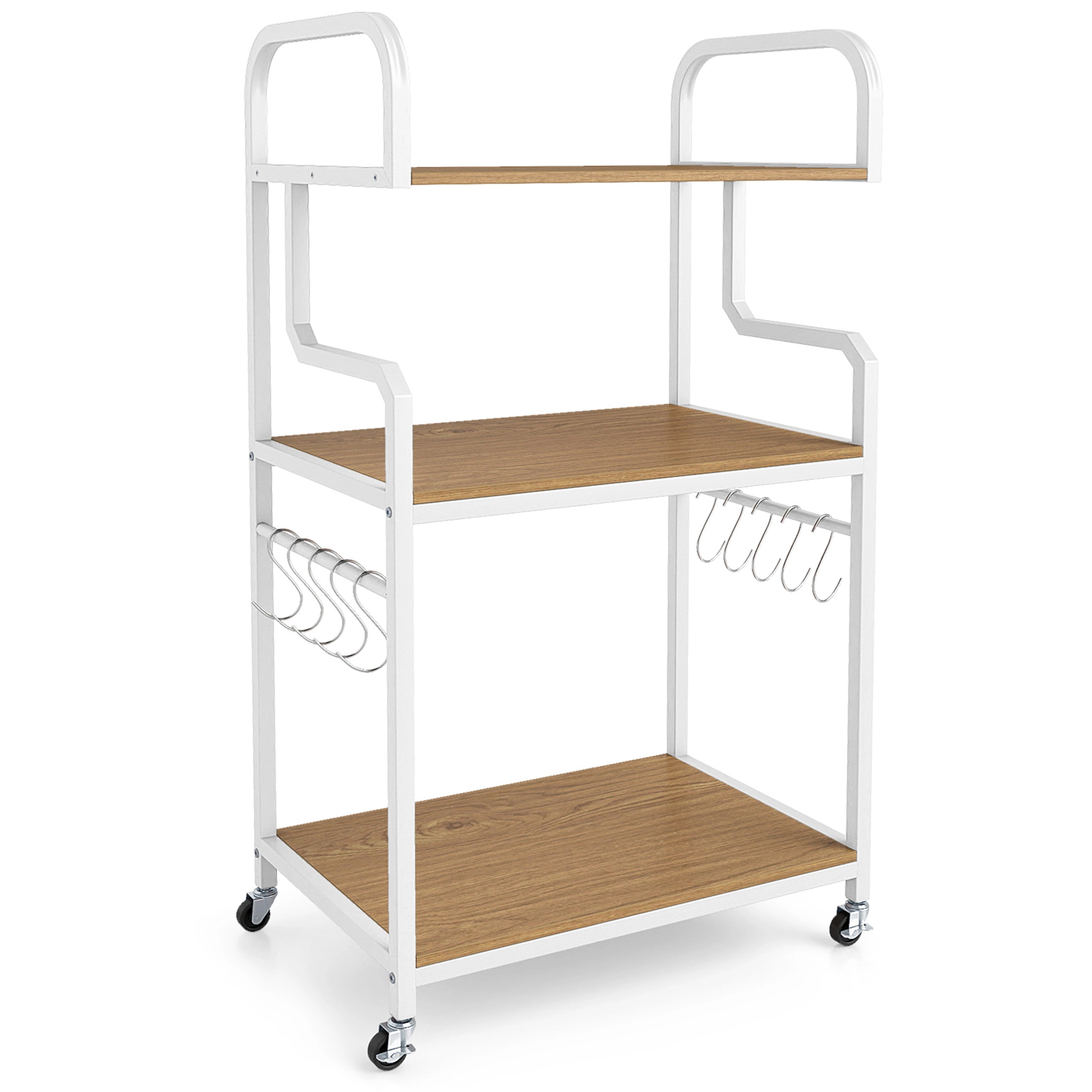 SUGIFT 3-Tier 10 Hanging Hooks Lockable Casters Rolling Printer Cart 24-in x 16-in x 43.5-in 110-lb Shelf Natural