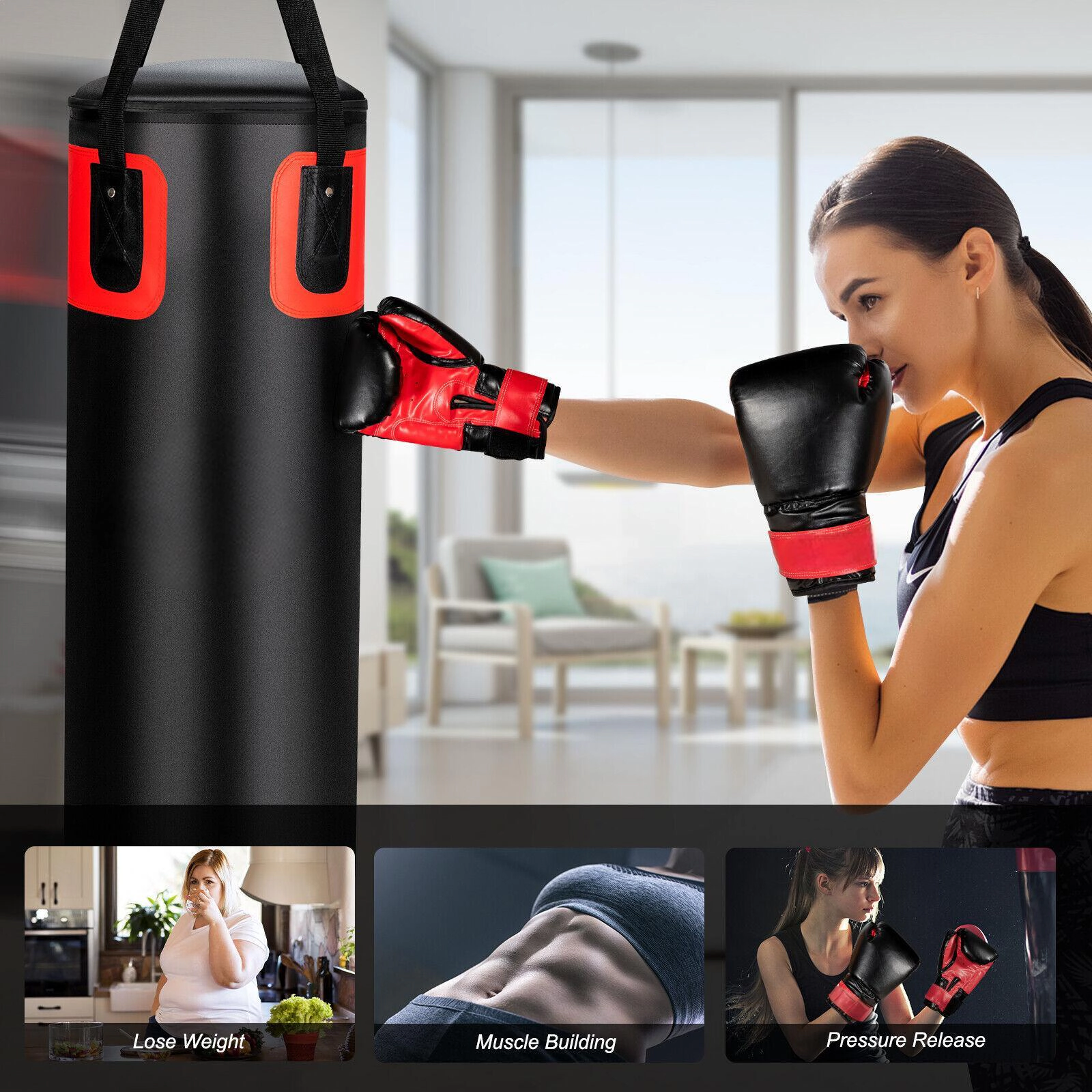 SUGIFT Black and Red 56-lb Adult Filled Punching Bag Set with Boxing Gloves 12-in W 12-in D 31.5-in H