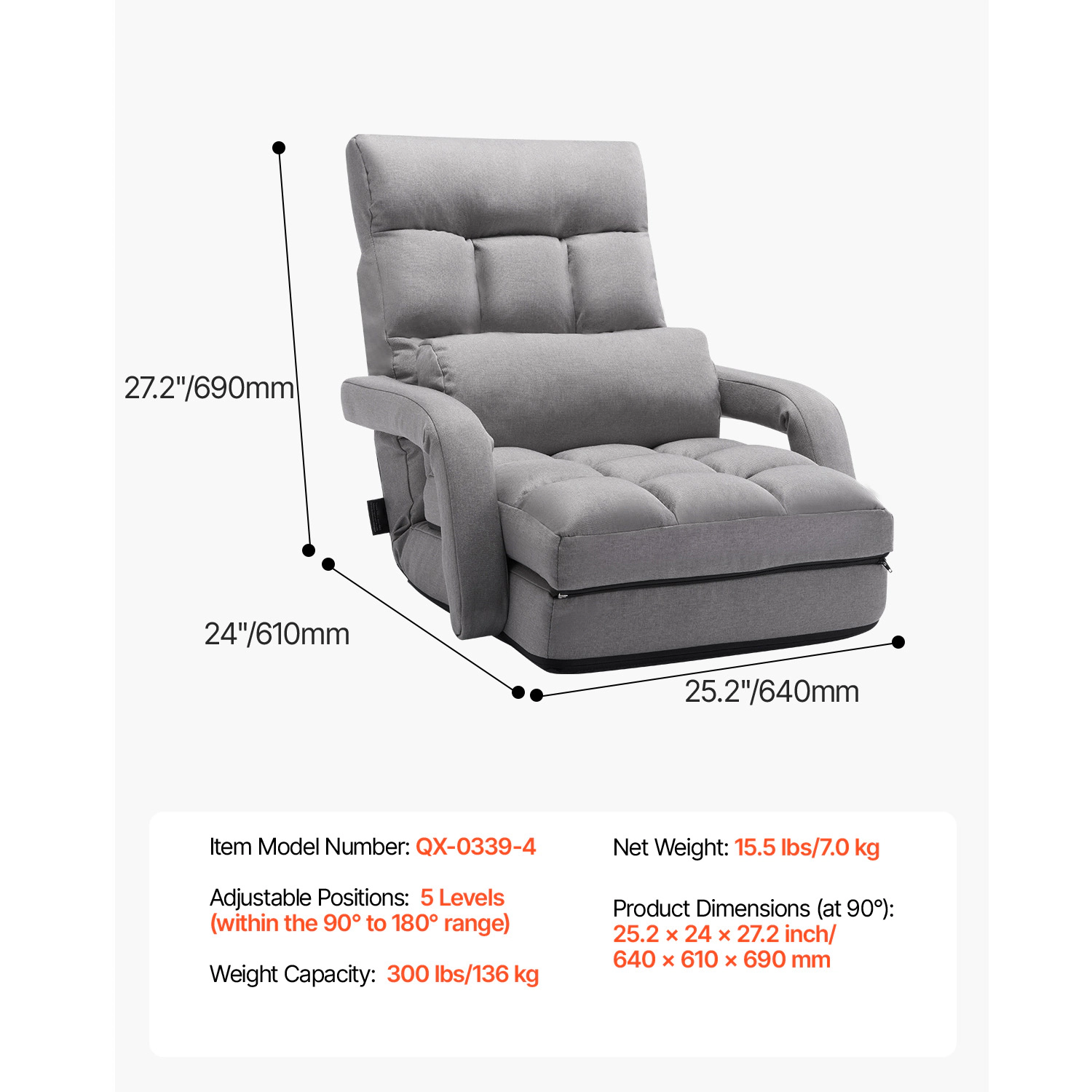 HONGGE Floor Chair 5 Adjustable Positions Folding Floor Gaming Chair with Ergonomic Back Support Sturdy Metal Frame