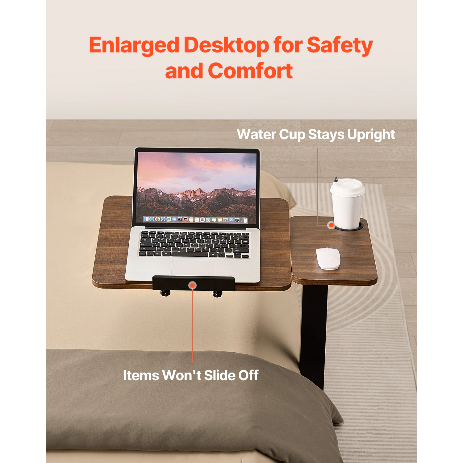 HONGGE Height-Adjustable Overbed Table on Wheels, Tilting Rolling Laptop Desk with Cup Holder for Bed