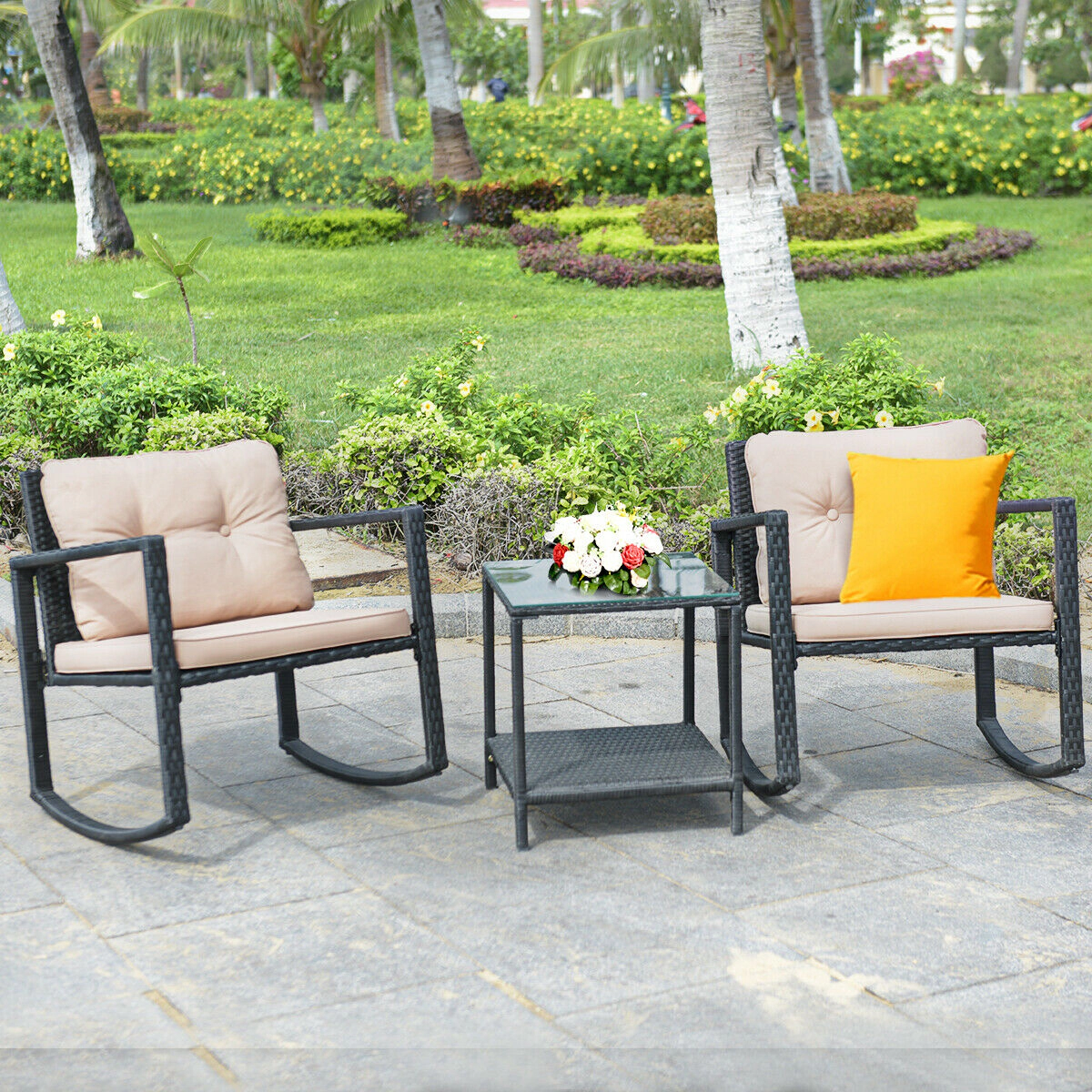 LJG 3 Pcs Wicker Rocking Bistro Set with Glass Coffee Table and Storage Shelf
