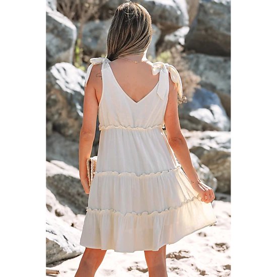 Threaded Pear Women's Kenia Solid Color Tied Straps Ruffle Tiered Mini Dress