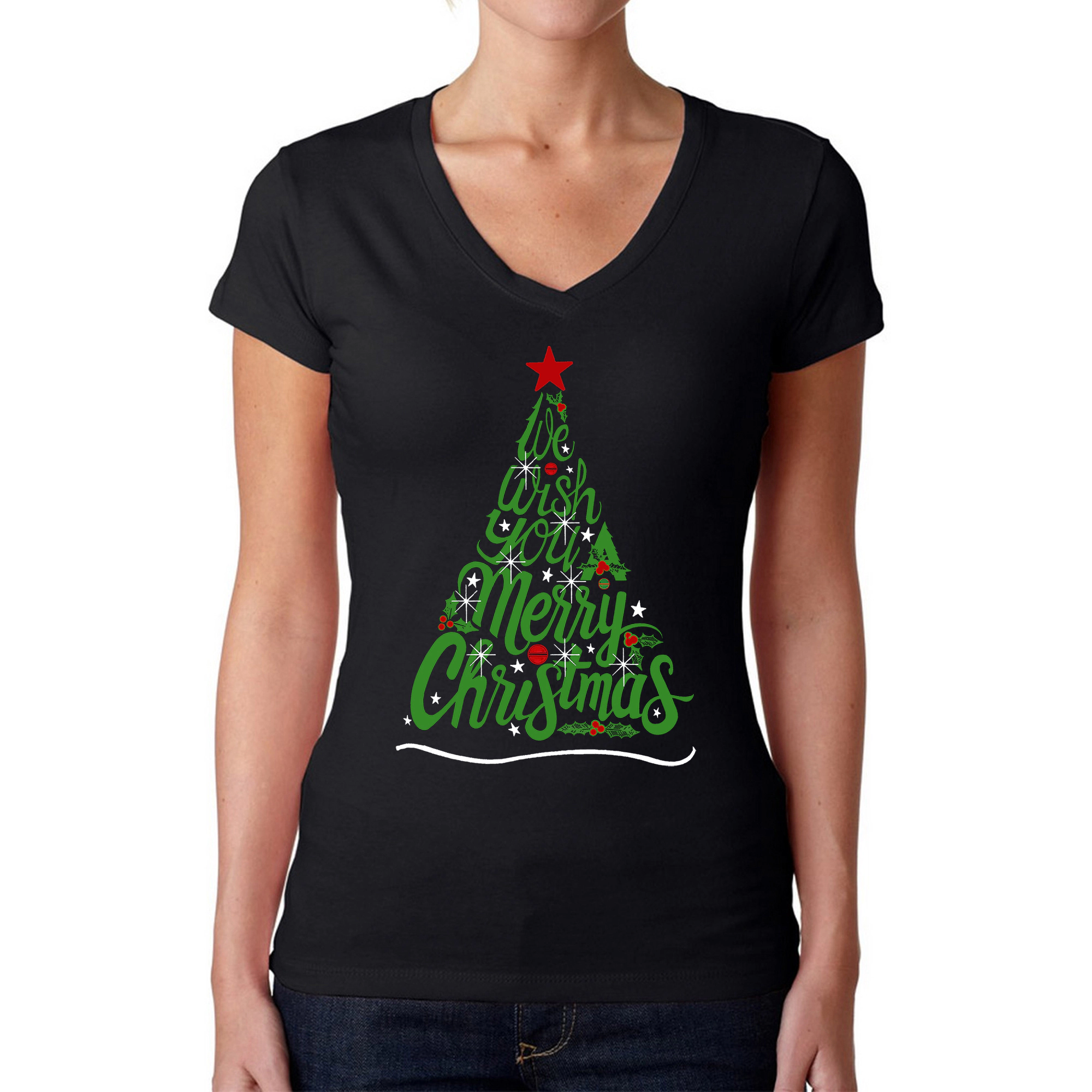 LA Pop Art Womens Word V-Neck T-Shirt - We Wish You A Merry Christmas