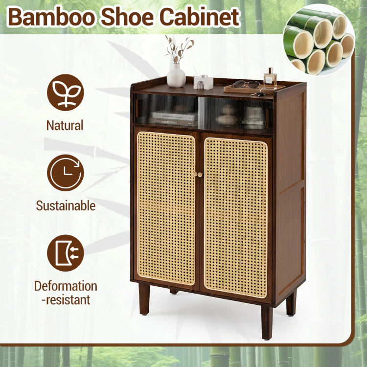 Hivvago 5-Tier Bamboo Shoe Cabinet with Woven Rattan Doors and Sliding Doors for Entryway