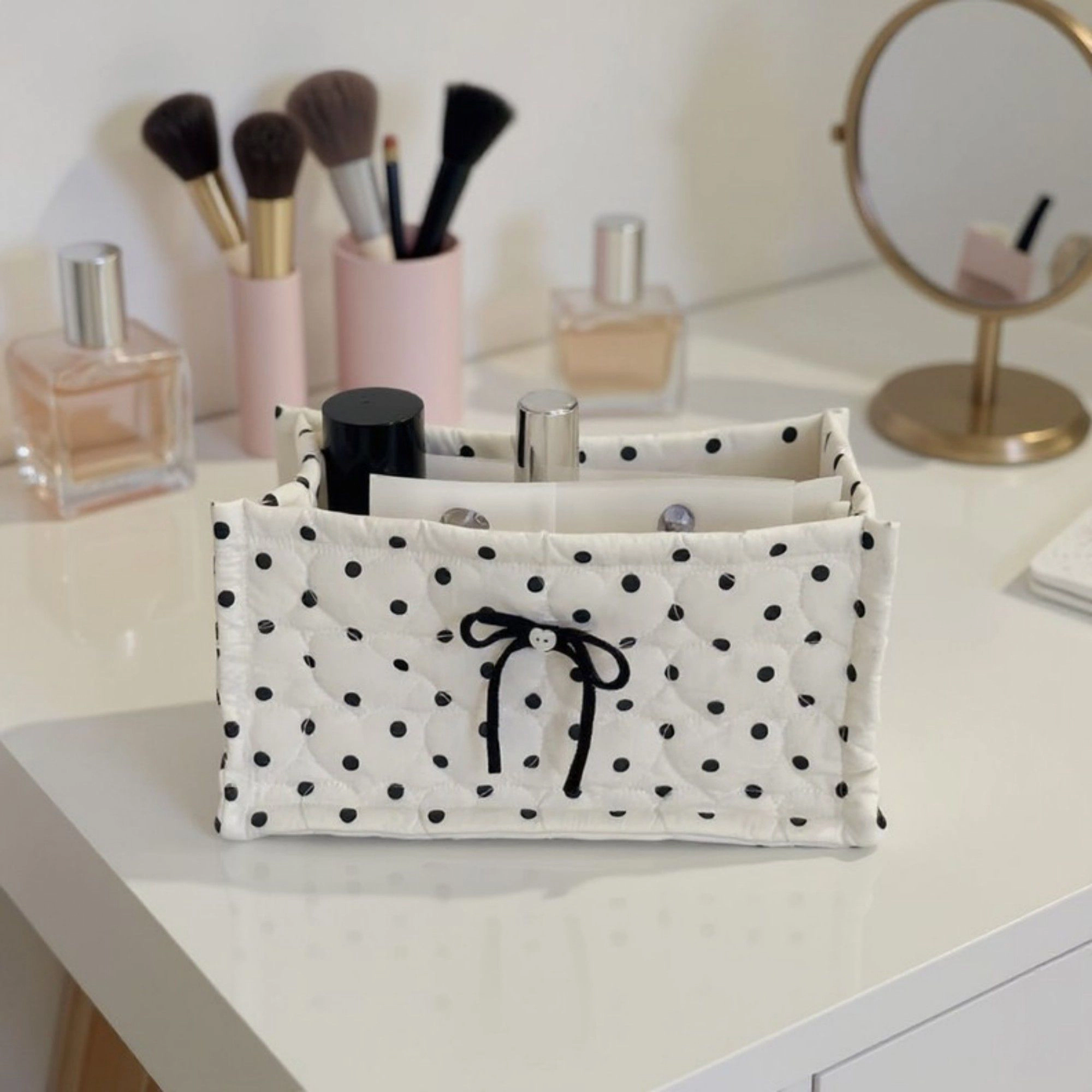 Alilang Unisex Quilted Polka Dot Storage Basket with Bow Accent and Soft Fabric