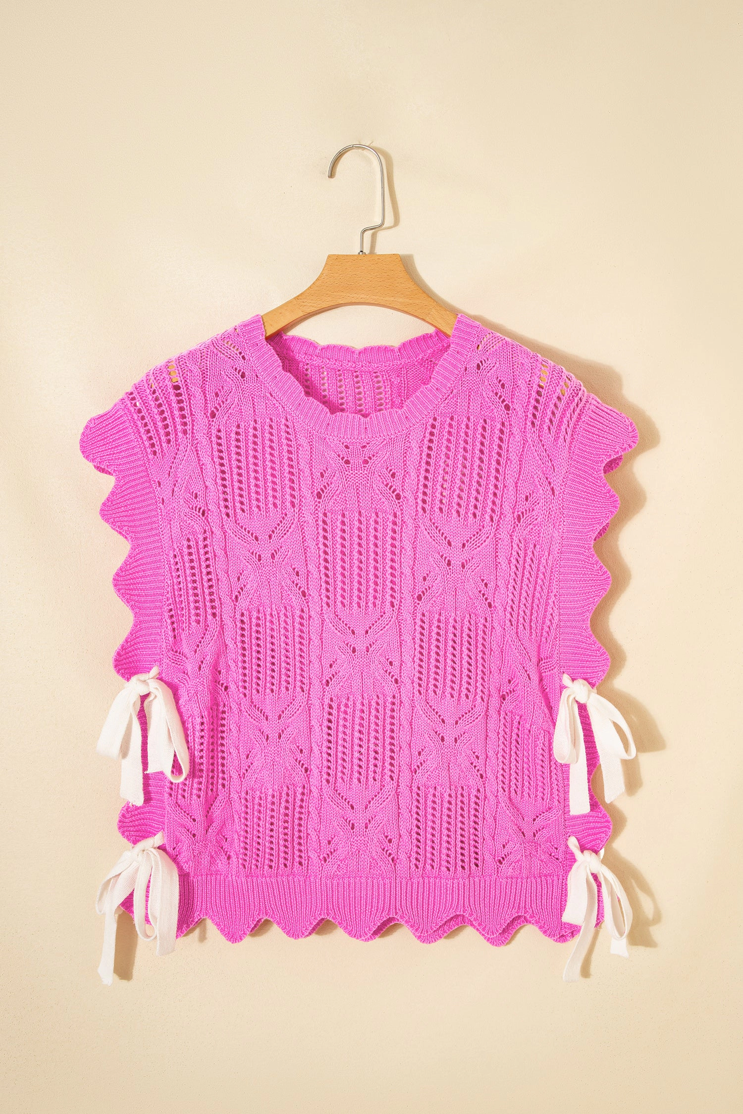 Threaded Pear Ainara Pointelle Scalloped Short-Sleeve Sweater - Bonbon