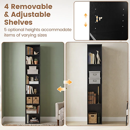 SUGIFT 8-Tier Narrow Bookcase with 4 Adjustable Shelves and Storage Cubes 22-lb Shelf Capacity 71-in Tall Black