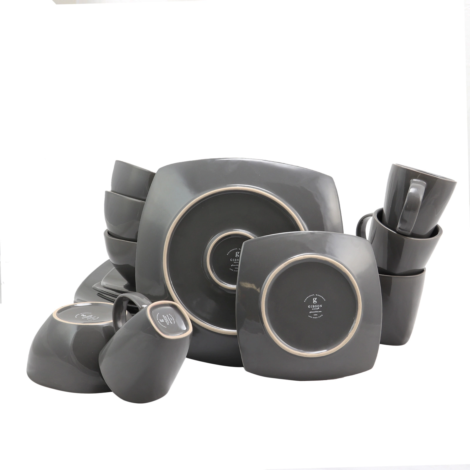 Gibson Home Soho Lounge Square Dinnerware Set in Gray, Set of 16 Piece