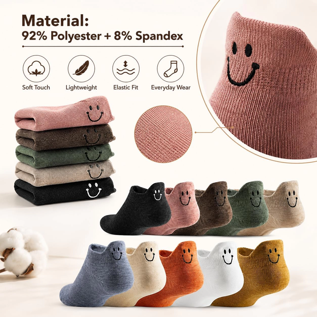 Wardrobe Whimsy 10 Pairs Women Cute Smiley Face Daisy Embroidered Low Cut Ankle Socks
