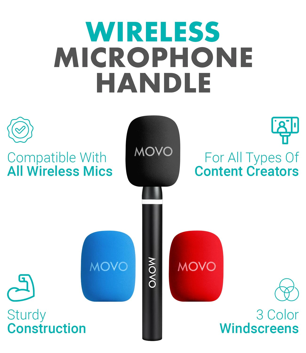 Movo WMX-HM2 Wireless Microphone Handle for DJI Mic, Rode GO II – Handheld Interview Grip with Mic Holder, Adapter