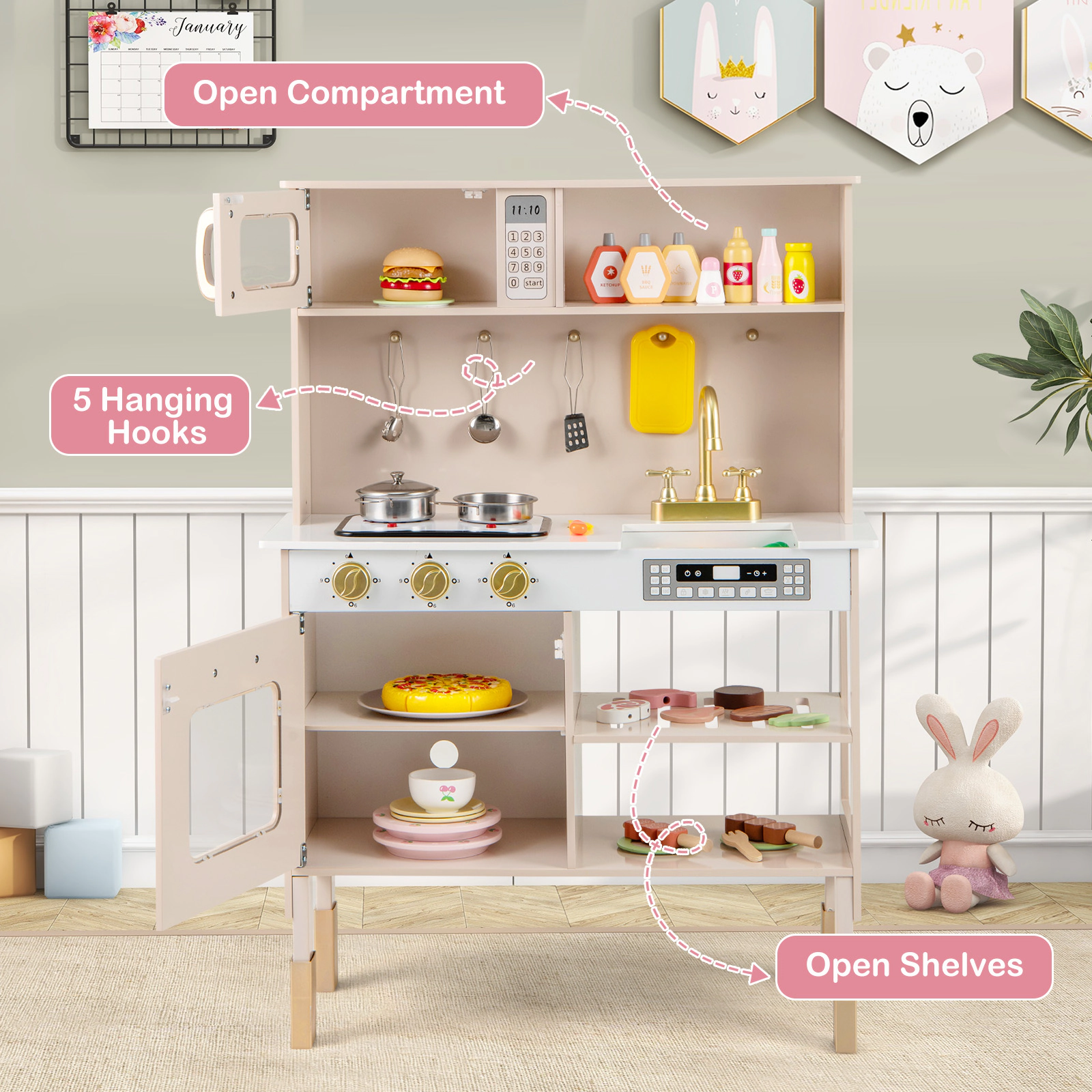 LJG Kids Play Kitchen Height Adjustable with Microwave and Lights and Sounds