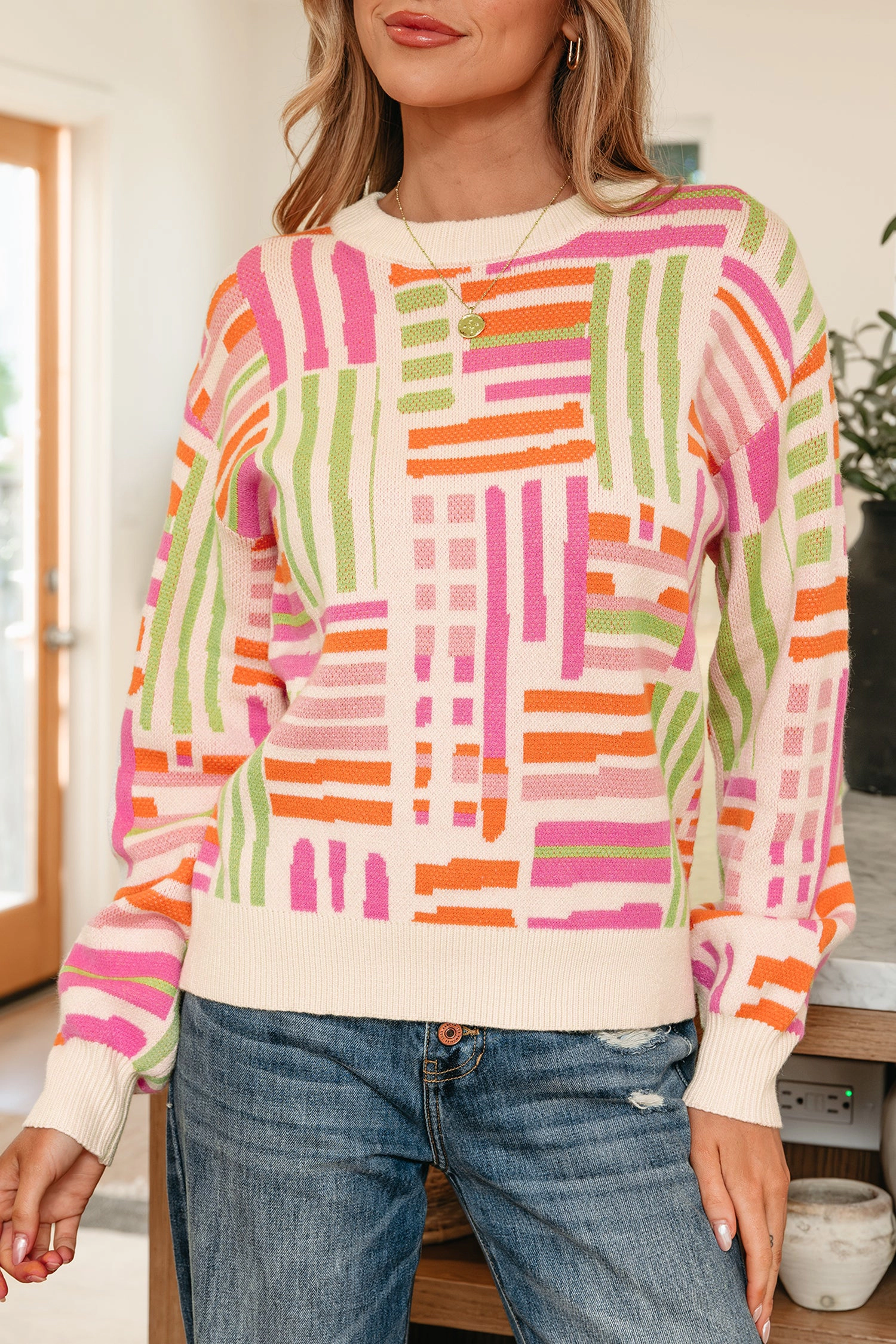 Threaded Pear Women's Tru Pattern Puff Sleeve Sweater