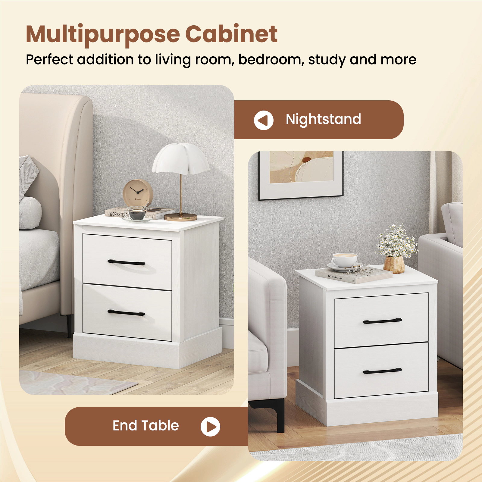SUGIFT 2-Drawer Engineered Wood Nightstand with Storage 66-lb Tabletop Capacity 22-lb Drawer Capacity White