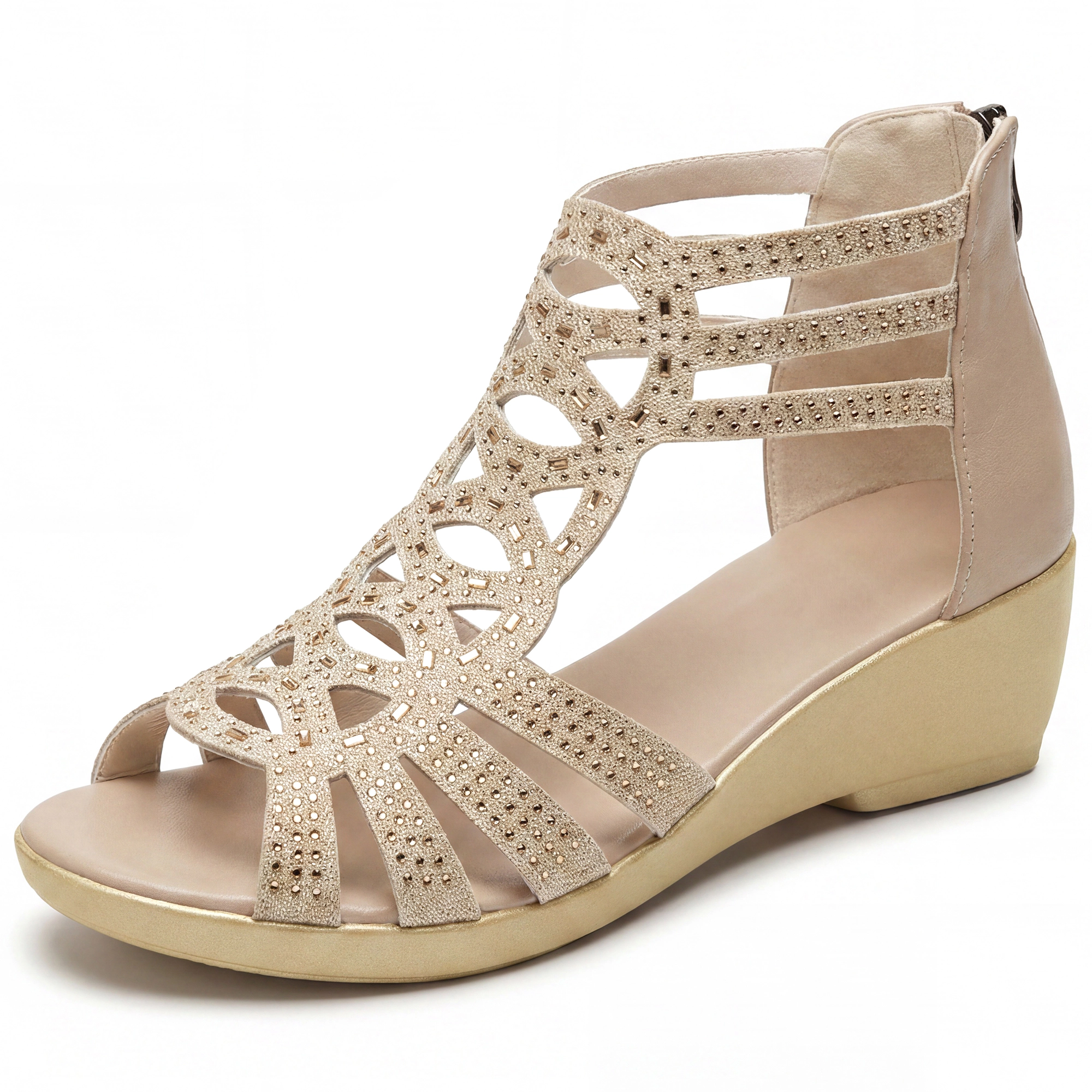 BLISSFUL STEP Women's Rhinestone Hollow Out Back Zipper Platform Sandals