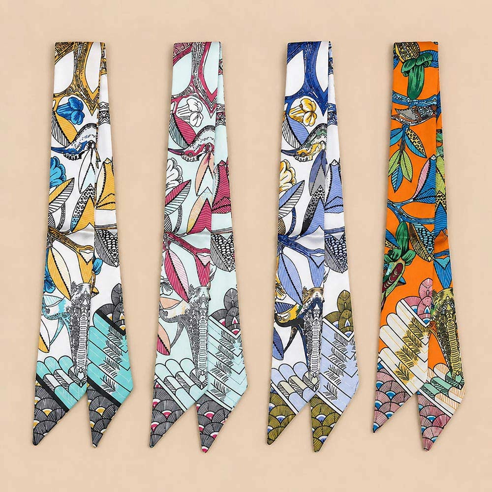 TRUEDAMES Abstract Bird Motif Print Skinny Twilly Scarf Ivory
