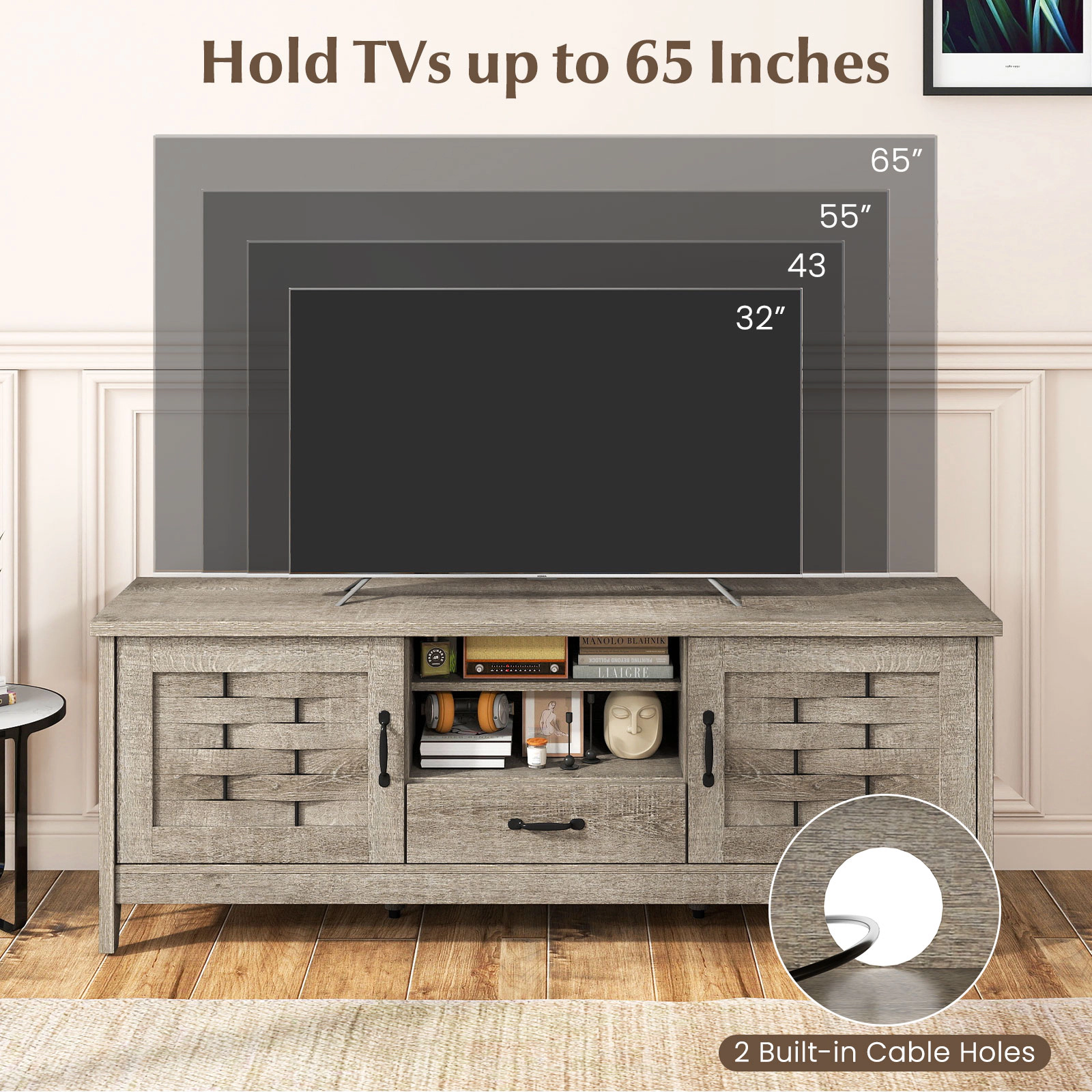 SUGIFT Farmhouse TV Stand for TVs up to 65 in, Woven Doors, Drawer and Adjustable Shelves
