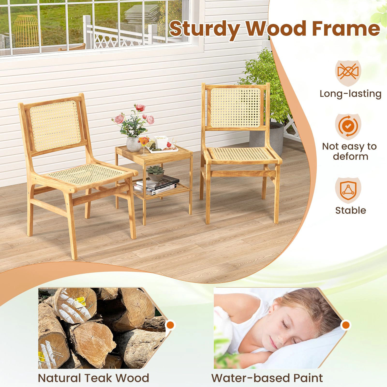 SlickBlue Farmhouse Rattan Dining Chair with Solid Teak Wood