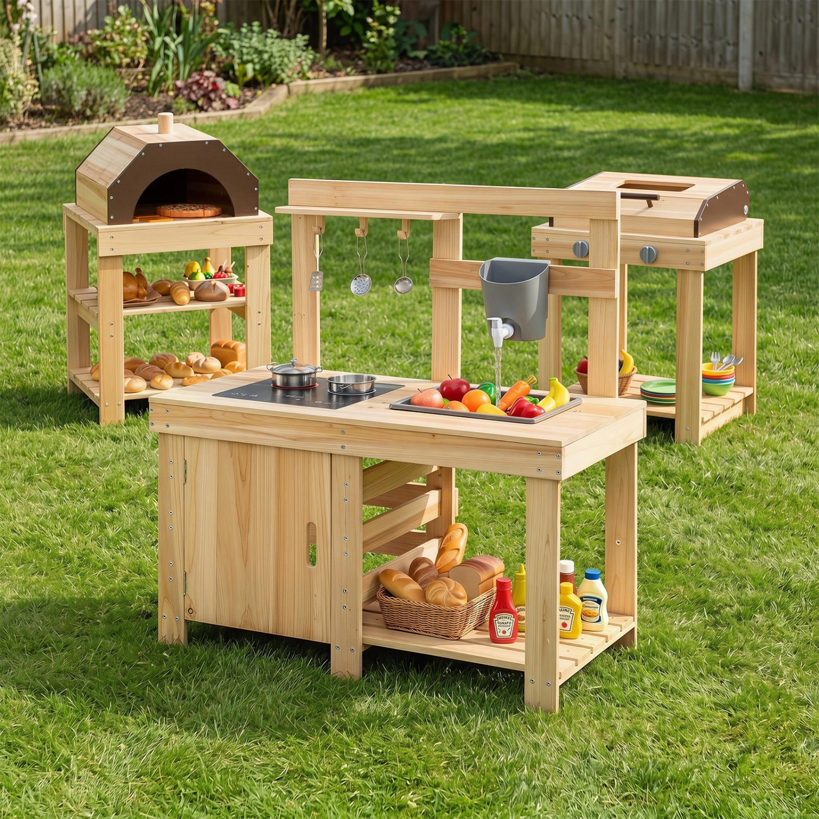 3-Piece Kids Outdoor Mud Kitchen Set with BBQ Grill Pizza Oven and Play Food 34-in x 16.5-in x 37-in Fir Wood