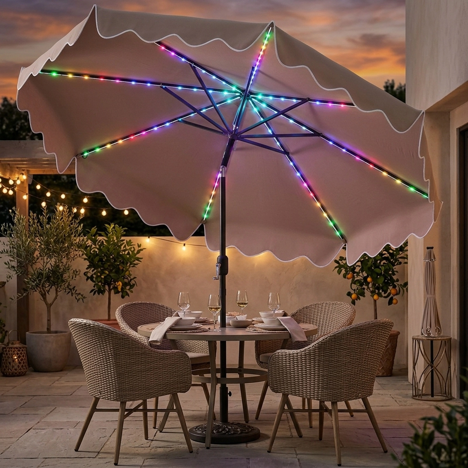SUGIFT 9-ft Solar Patio Umbrella with Color-Changing LED Lights 104-LED 12-Mode Canopy with Crank and Tilt Brown