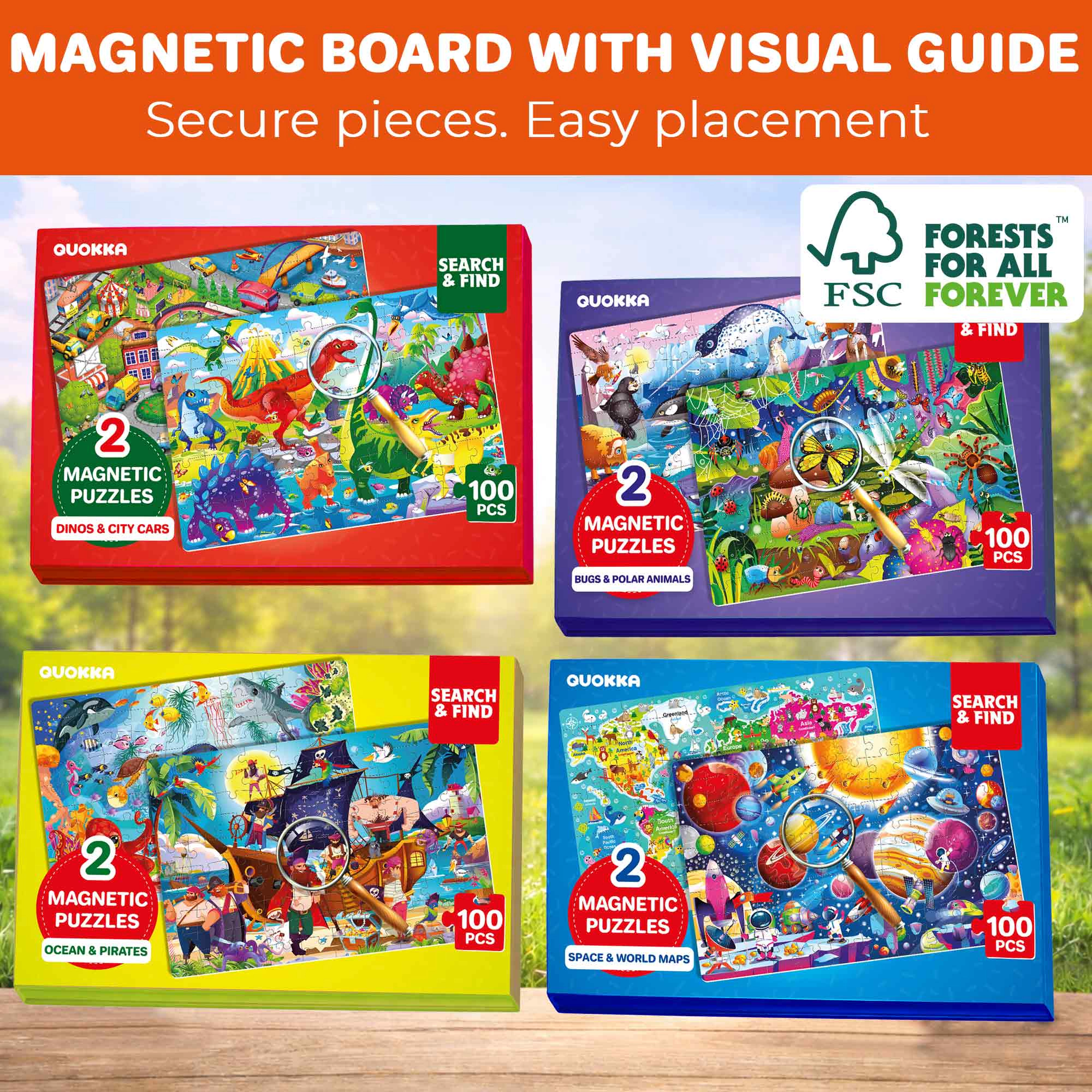QUOKKA Magnetic Puzzle Book for Kids Ages 3–5, 100-Piece Travel Set with Ocean, Space & Dinosaur Themes