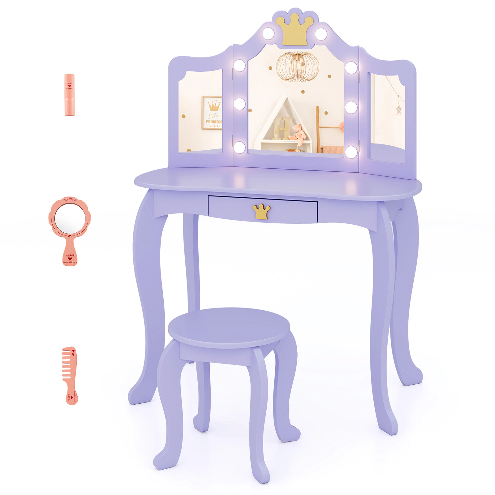 SUGIFT Pink Kids Vanity Set with 3-Color Lighted Tri-Fold Mirror and Drawer