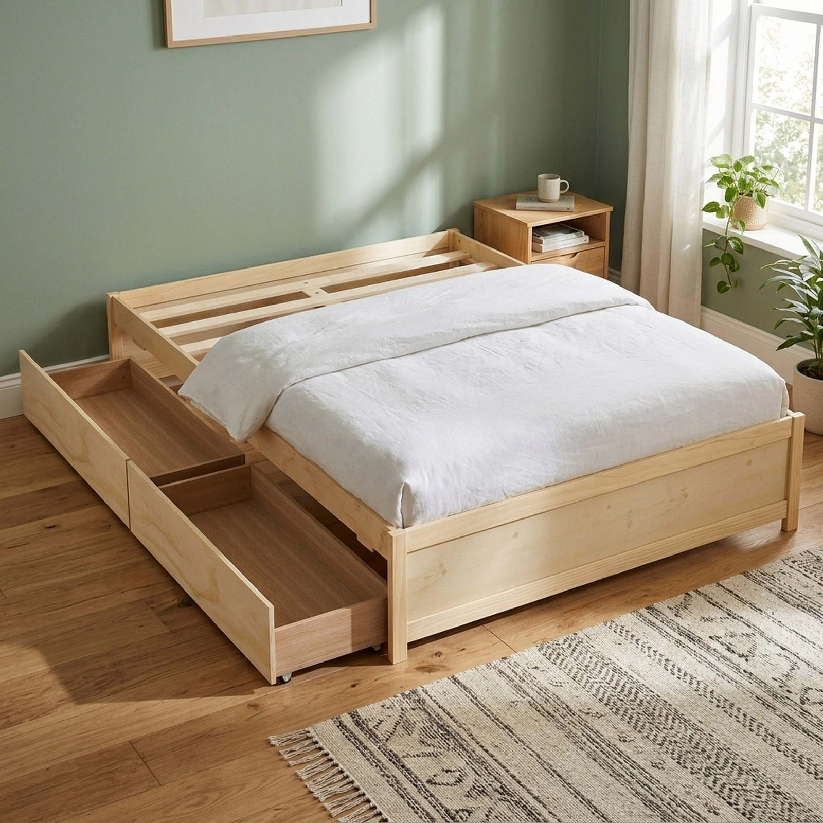Full Size Wooden Bed Frame with 2 Rolling Storage Drawers Low Profile Platform Bed with 8 Plywood Slats Natural