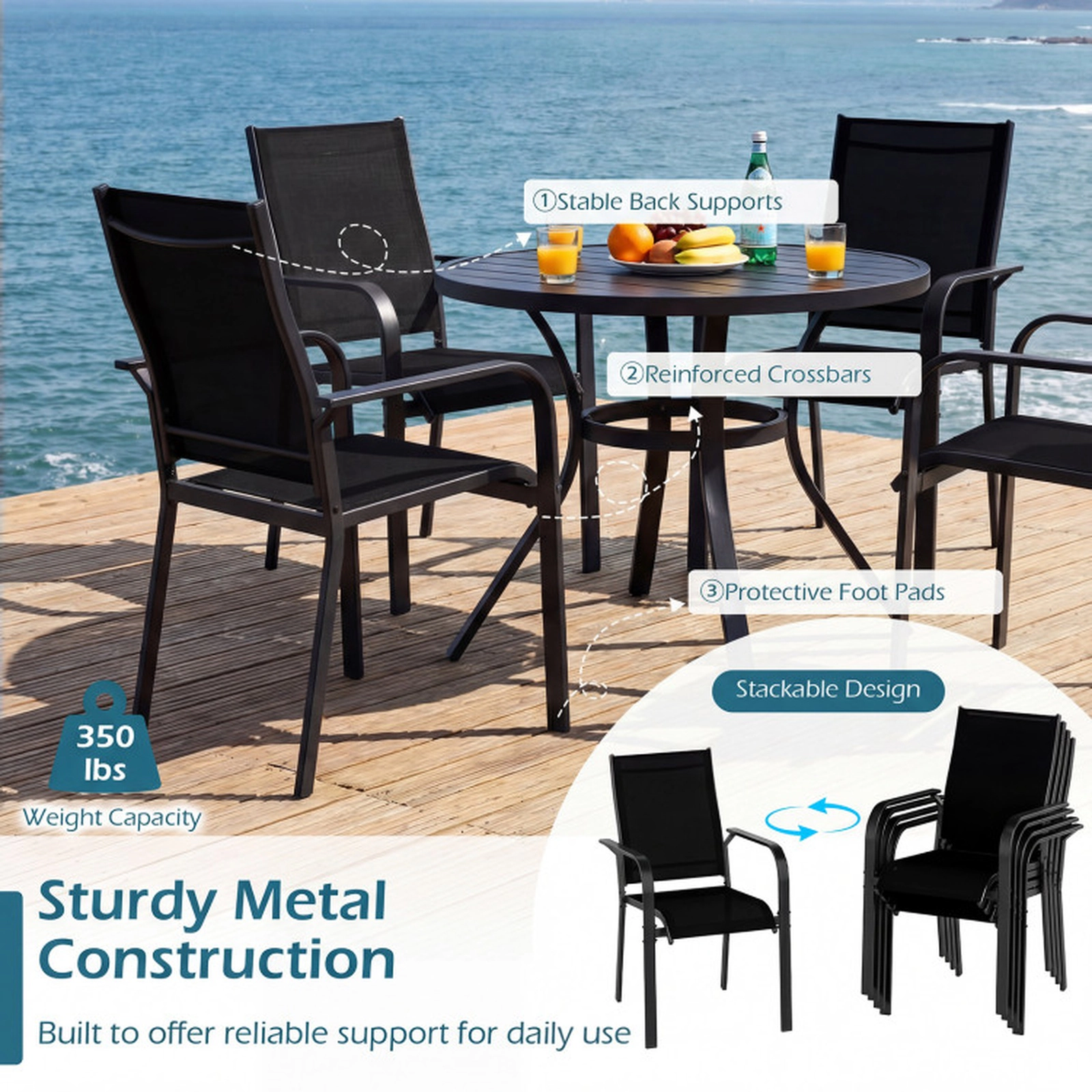 SUGIFT Set of 4 Stackable Patio Dining Armchairs, Breathable Mesh, Metal Frame, 350 lb Capacity