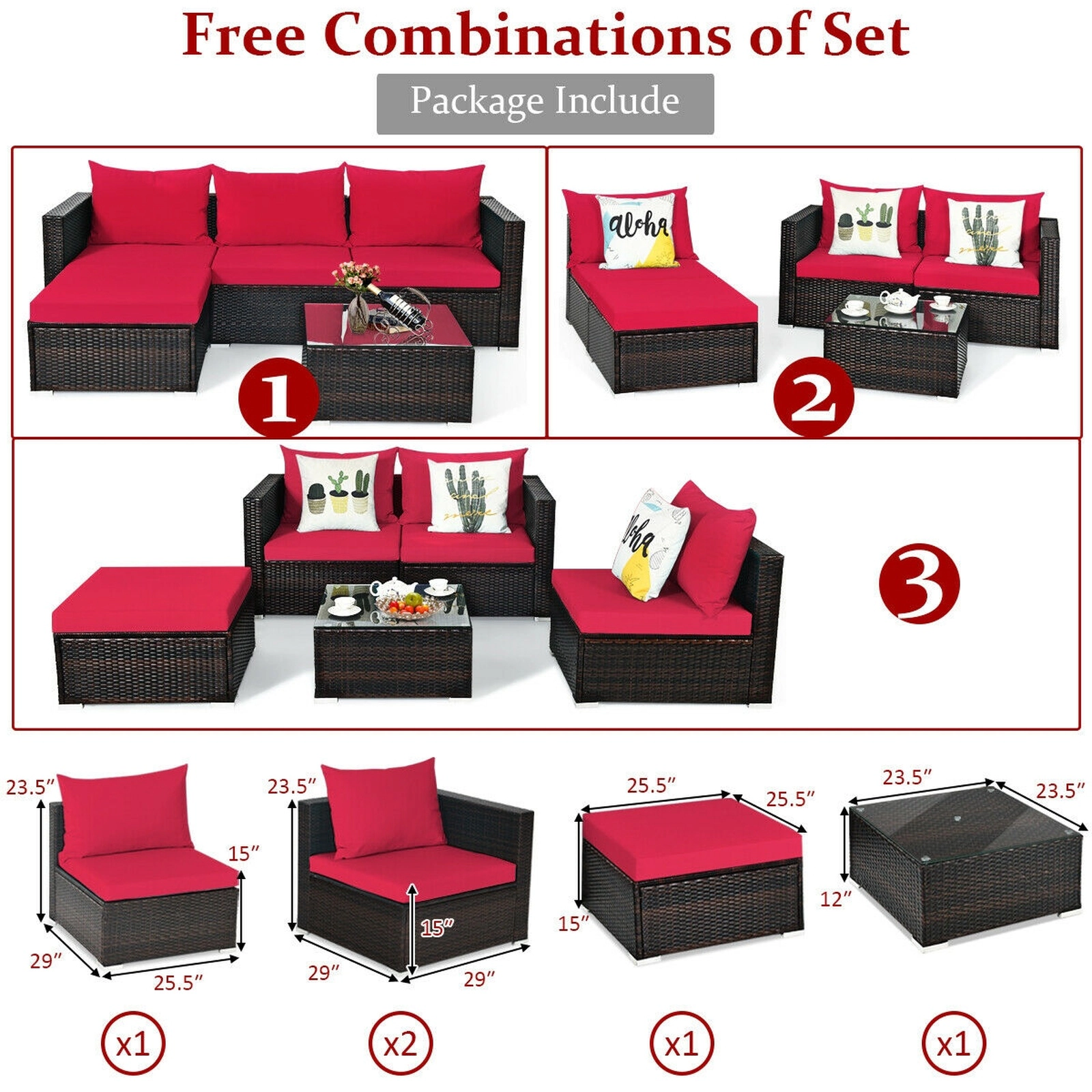 SUGIFT 5 Piece Patio Rattan Sectional Set Red with Ottoman and Tempered Glass Coffee Table