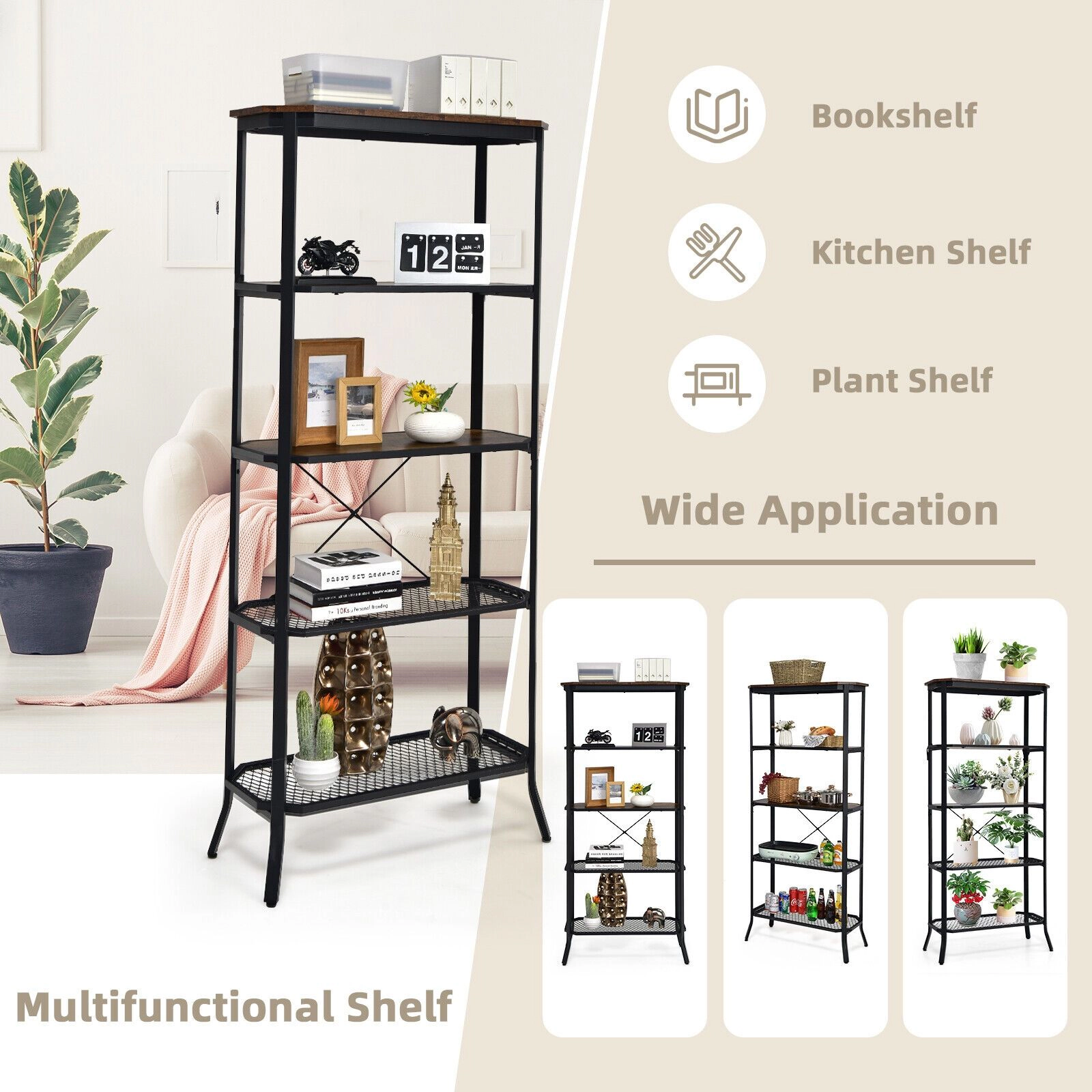 SlickBlue Modern 5-Tier Bookshelf with Wide Open Storage Shelves