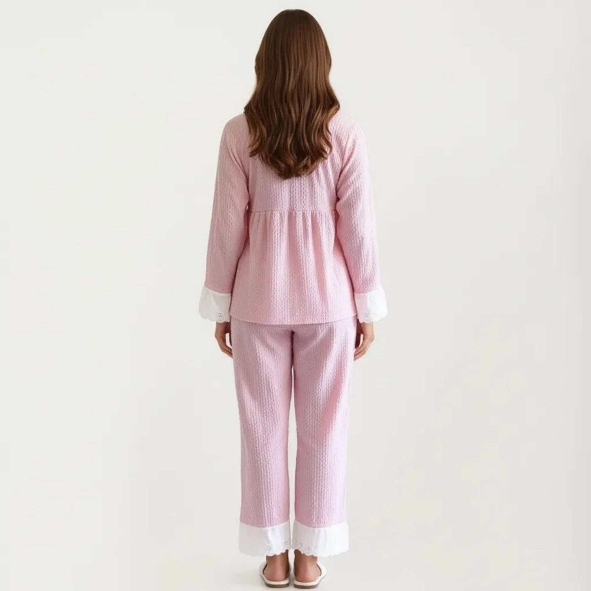Anna-Kaci Women's 2-Piece Long Sleeve Pajama Top with Lace Trim and Matching Relaxed Fit Pants