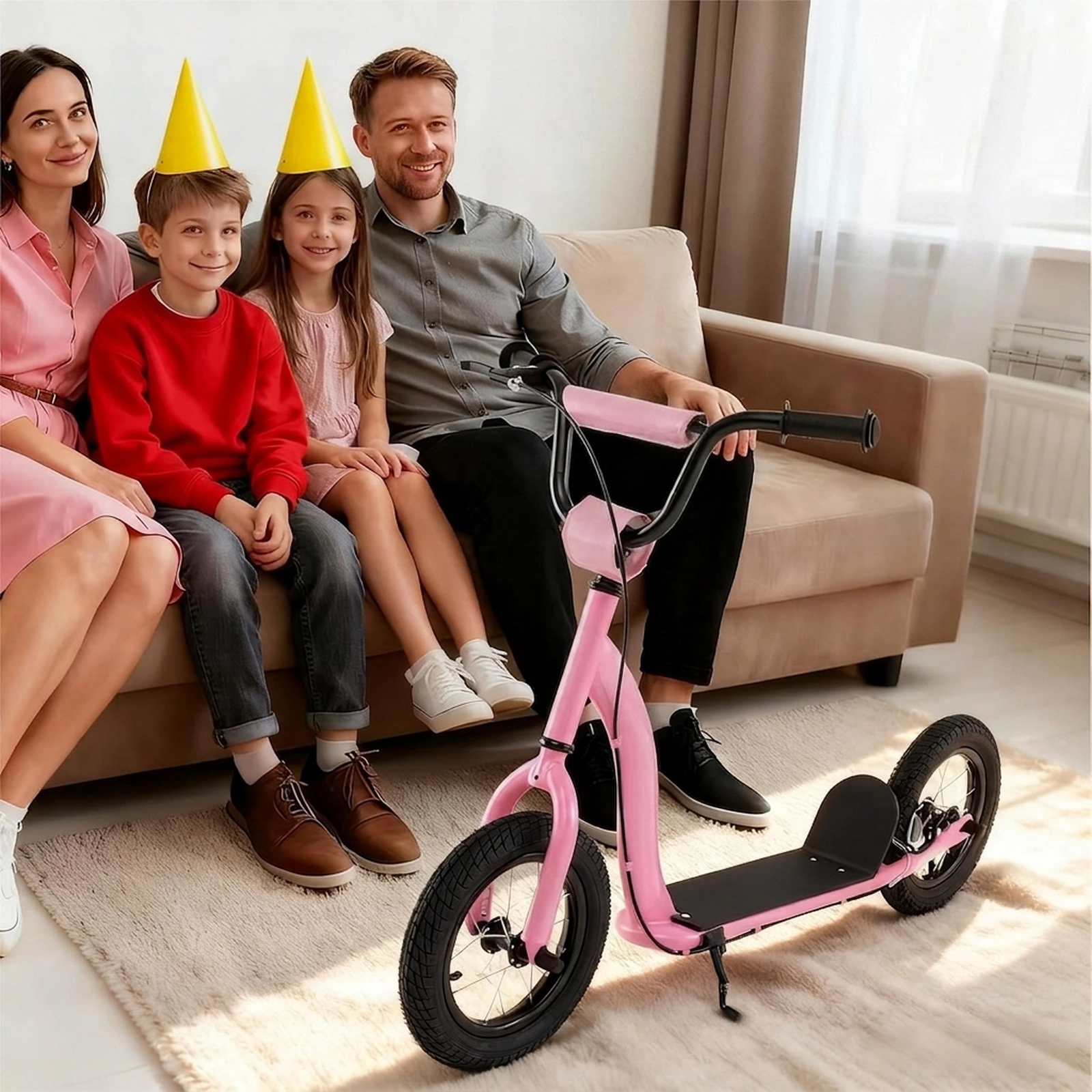 SUGIFT Pink Kick Scooter, 12-Inch Inflatable Rubber Wheels, Adjustable Handlebar, 165 lb Capacity