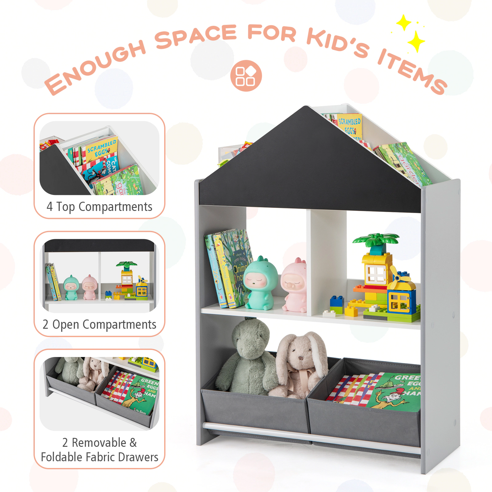 Hivvago Playhouse Kids Bookshelf with Chalkboard and Whiteboard for 3-6 Years
