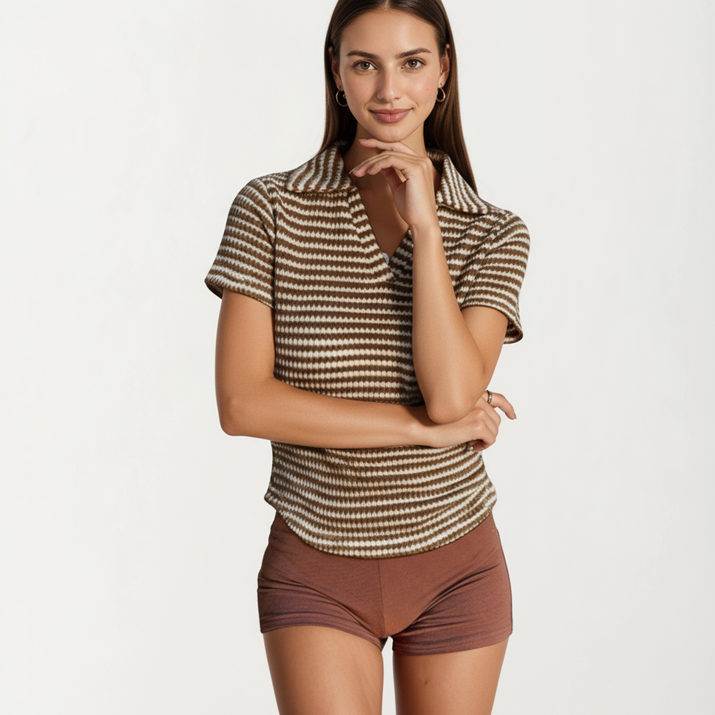 Anna-Kaci Women's Striped V-Neck Collared Short Sleeve Knit Top