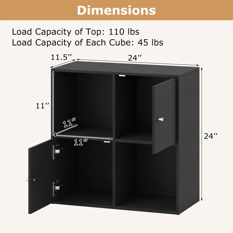 Hivvago 4-Cube Bookcase 3-Tier Bookshelf with Dual Anti-Tipping Kits and 2 Cabinets
