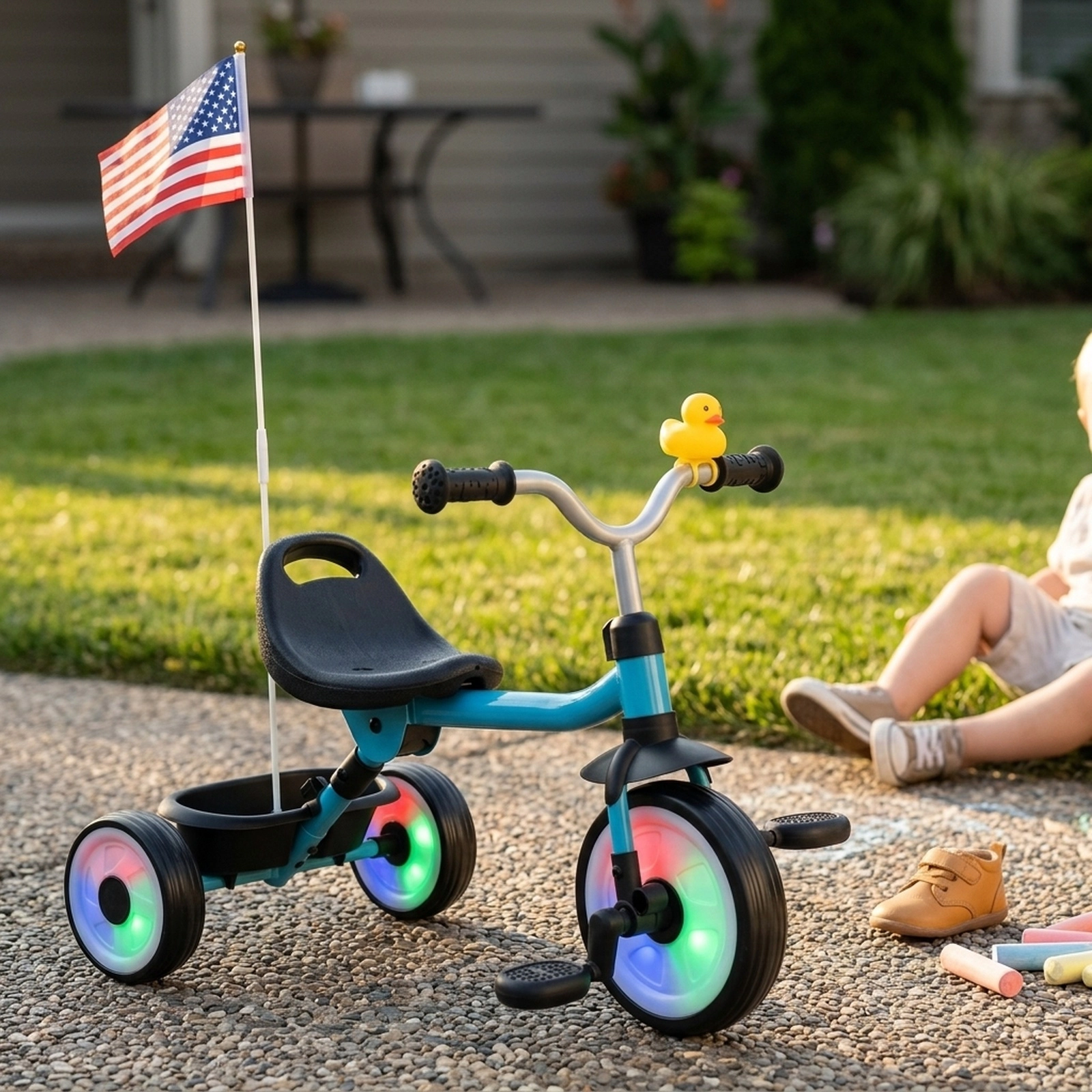 Toddler Tricycle with Light-Up Wheels 3-Position Seat and Folding Frame for Ages 1-3 Rear Basket Squeaky Duck Kids Trike