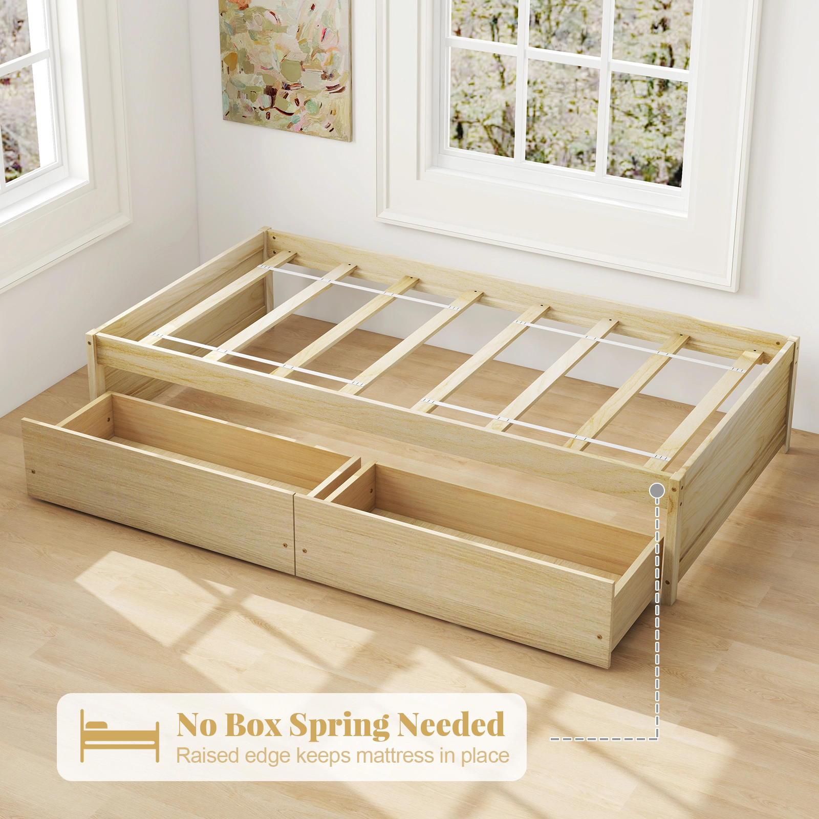 SUGIFT Twin Size 250-lb Bed Capacity Pine Wood Captain Bed Frame with 2 Storage Drawers 16-in H Natural