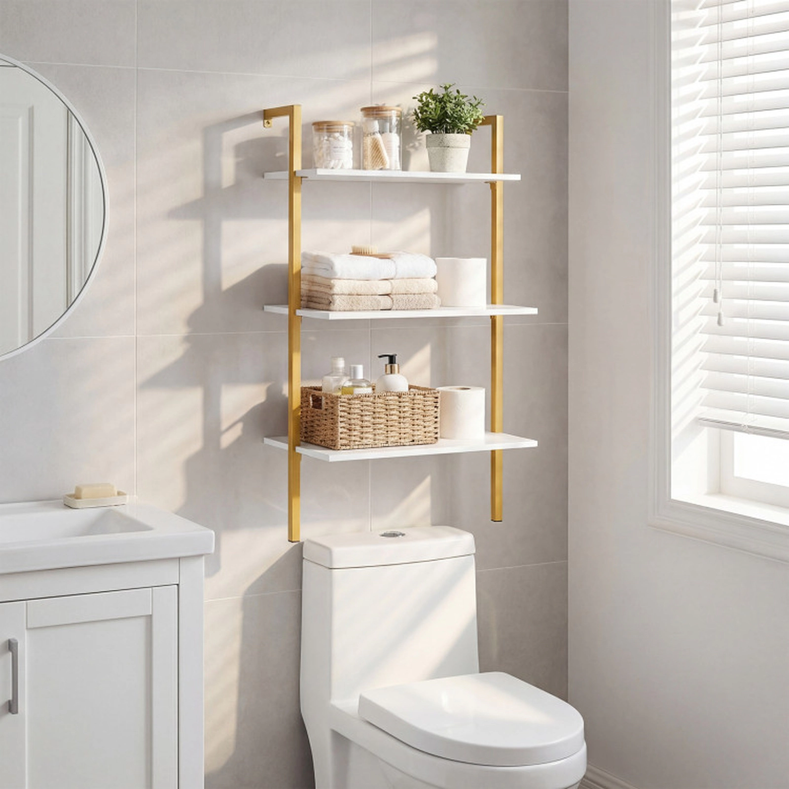 SUGIFT 3-Tier Wall Mounted Bookcase Floating Shelving Unit with Metal Ladder Frame 22-lb Shelf Capacity Gold and White