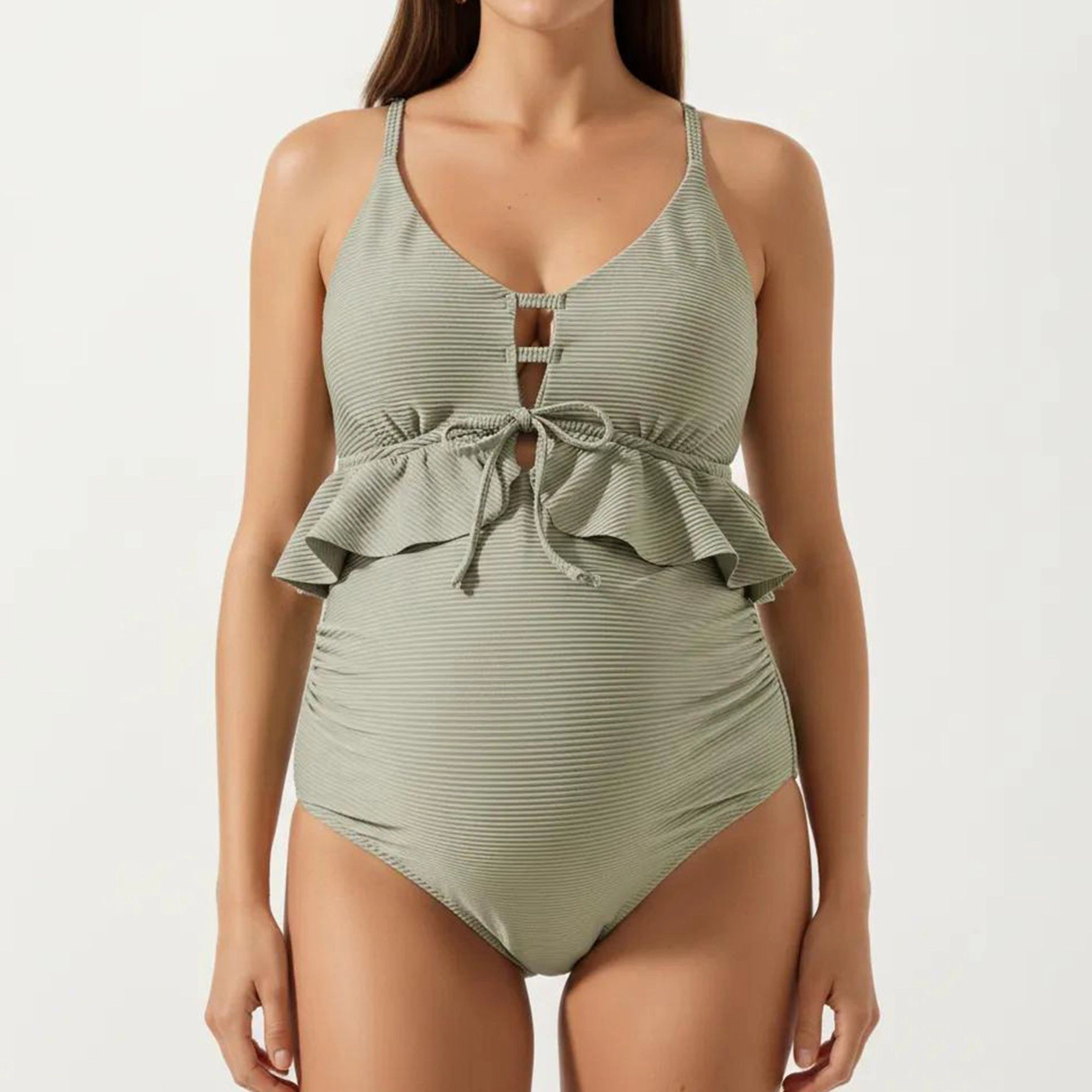 Anna-Kaci Women's Maternity One-Piece Swimsuit - Ruffle Trim and Front Tie