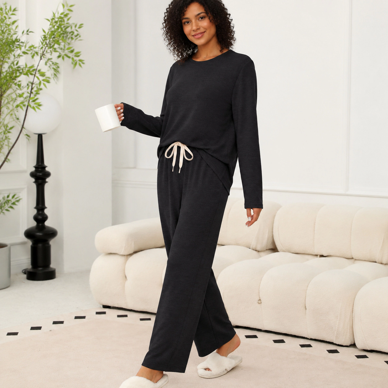 WZK Womens 2-Piece Long Sleeve Soft Crewneck Sleepwear Lounge Set