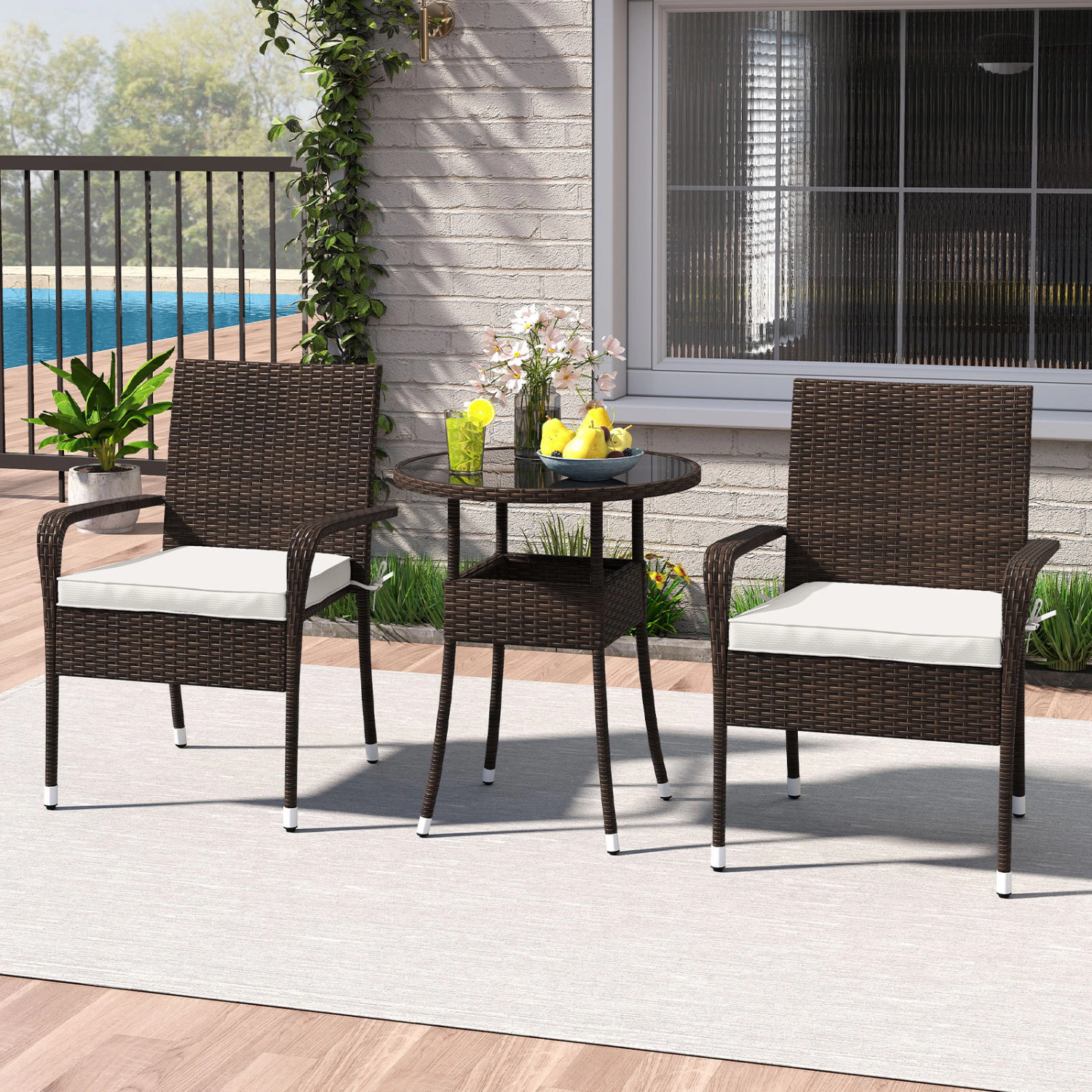 LJG 3-Piece Patio Furniture Set PE Rattan Wicker Chairs with Tempered Glass Top Table