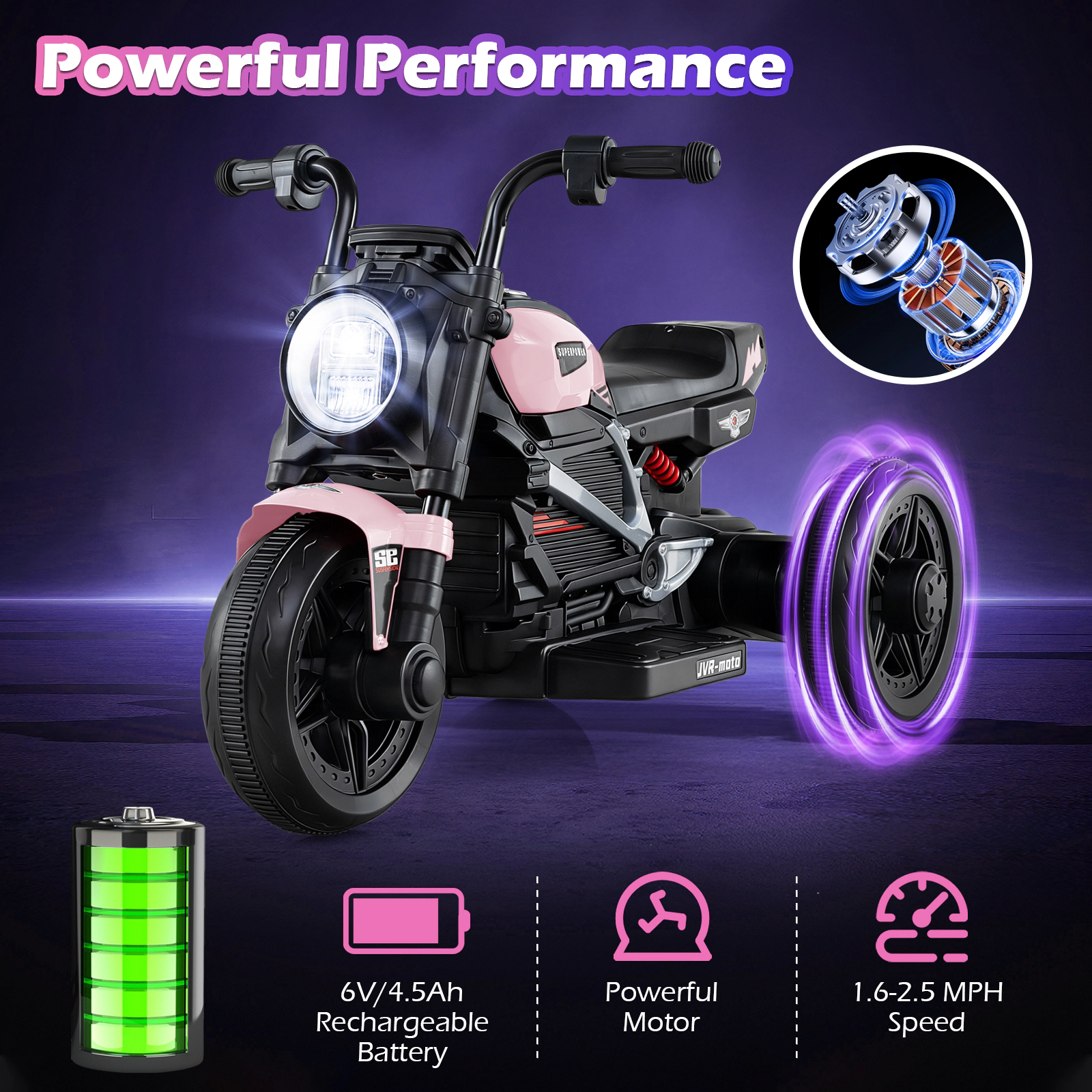 SUGIFT 6V 3-Wheel Electric Ride-On Motorcycle with LED Headlight and Music 66-lb Capacity Ages 3-5 Pink & Black